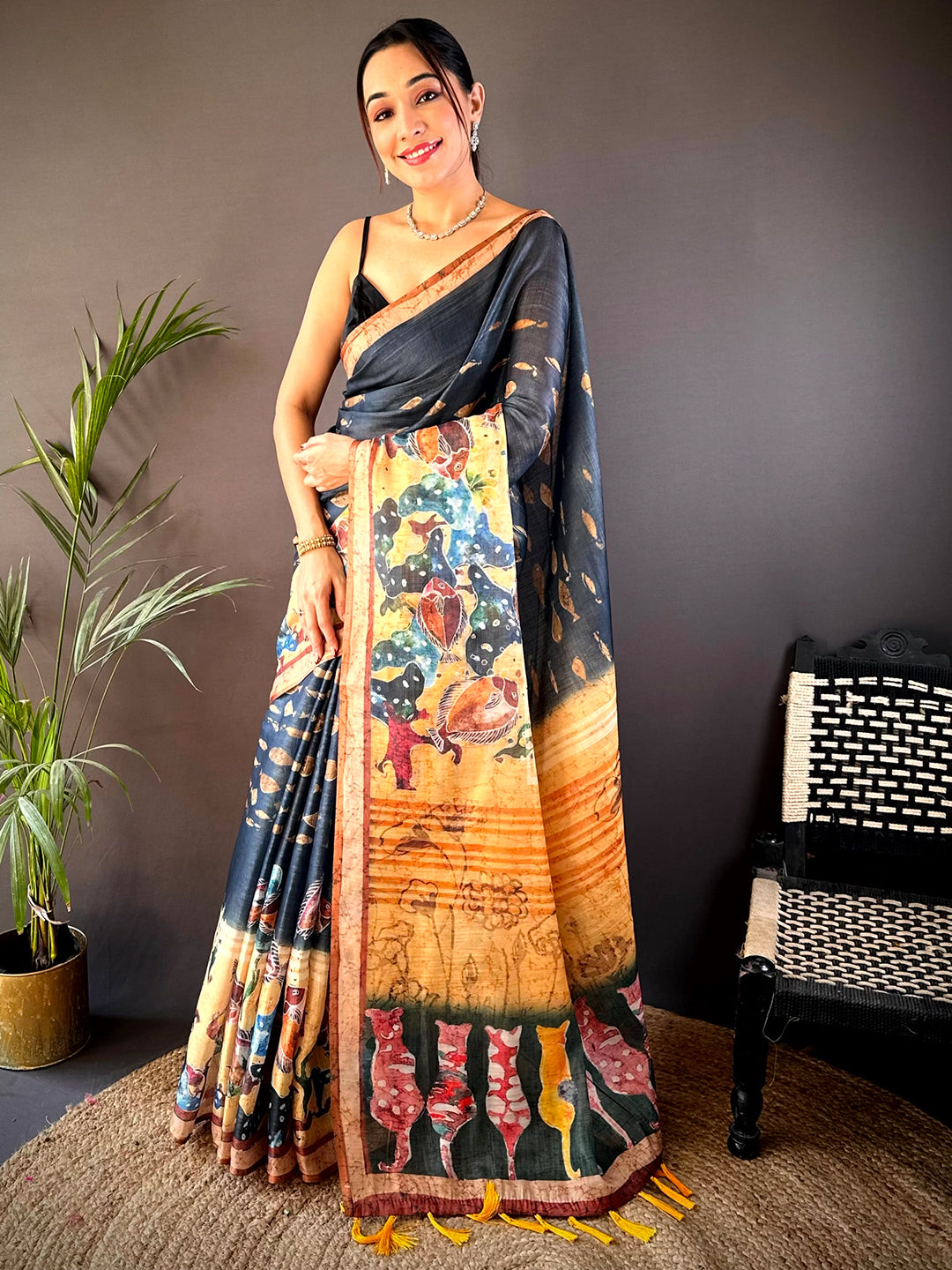 Navy Chanderi Floral Kalamkari Digital Print Saree