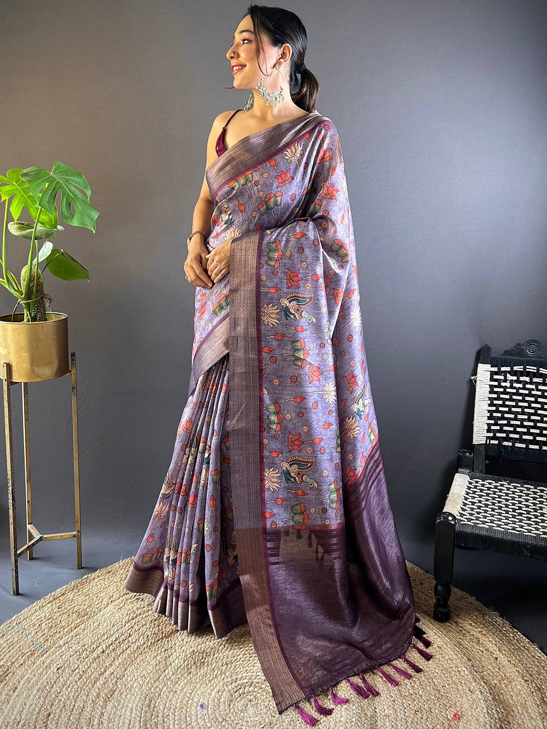 Purple Kalamkari Tussar Silk Saree