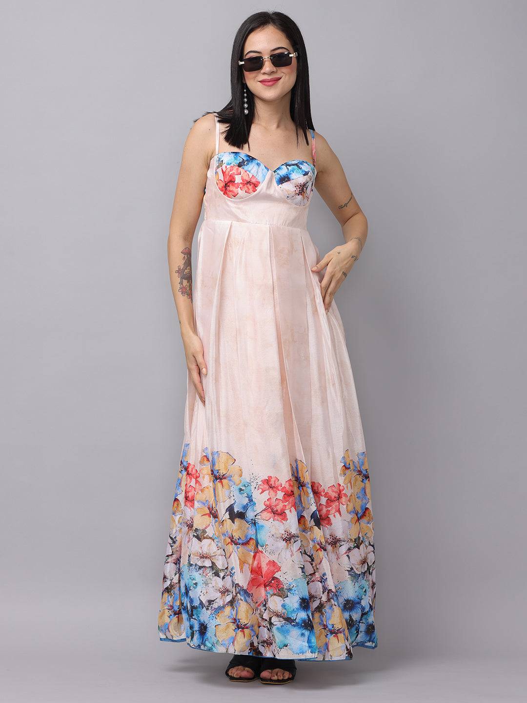 Maxi dress with colorful floral print and straps