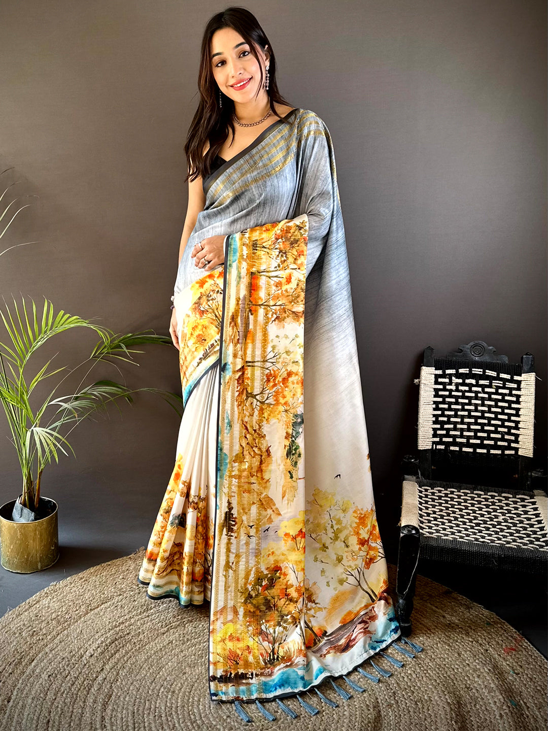 Grey Japanese Freehand Digital Print Saree