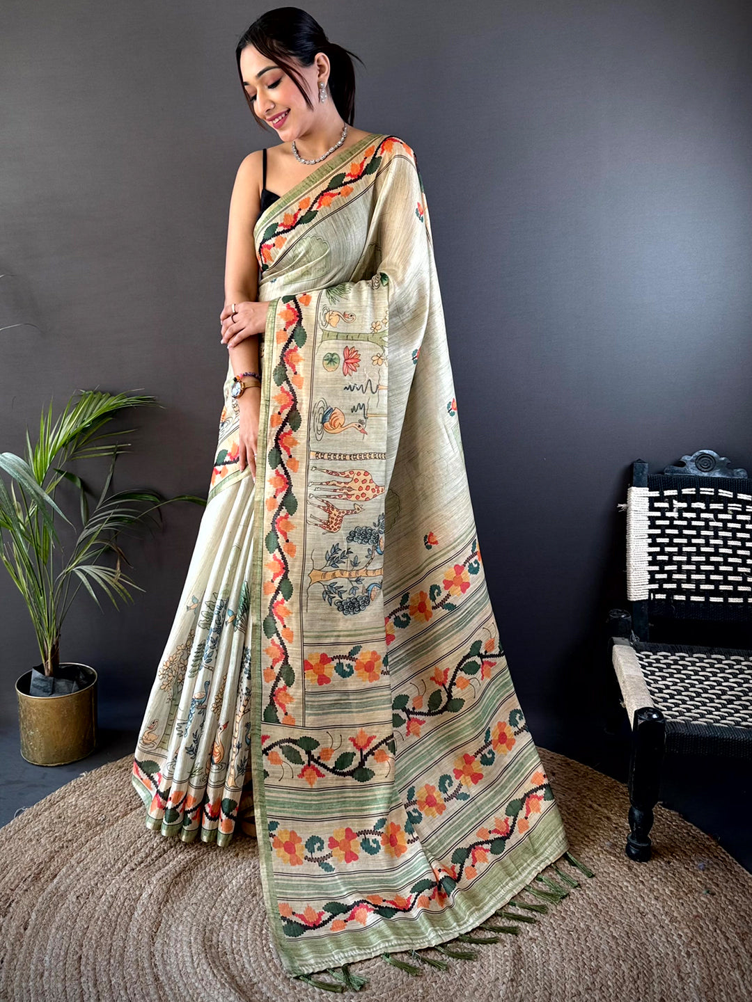 Swamp Green Jungle Floral Zari Tissue Saree