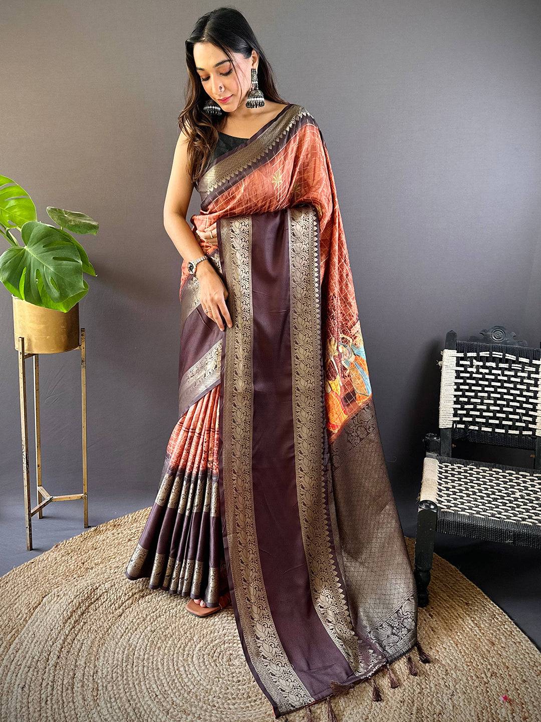 Rust Banarasi Pichwai Print Saree