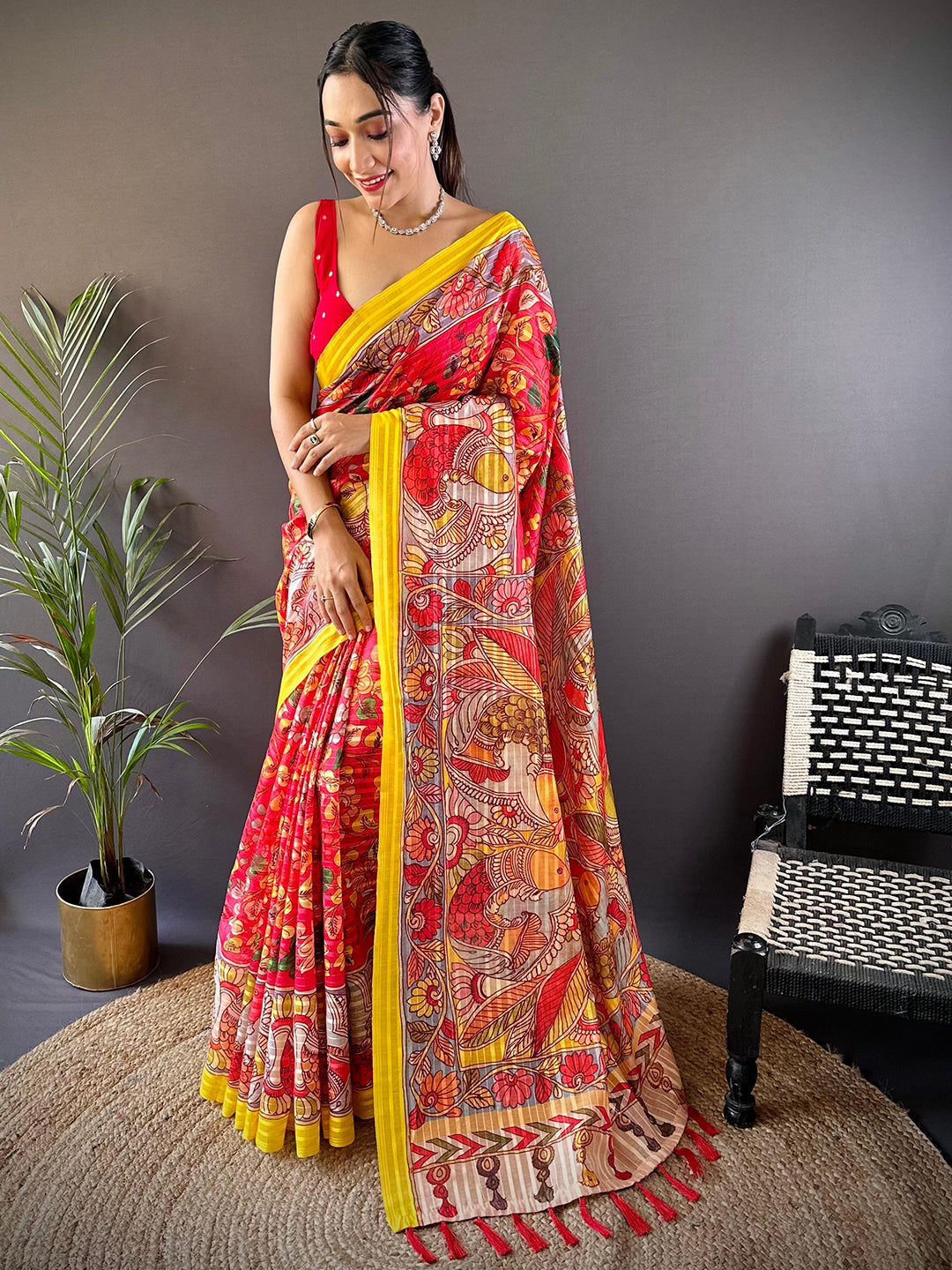 Full view of Rose Red Pen Kalamkari Linen Saree