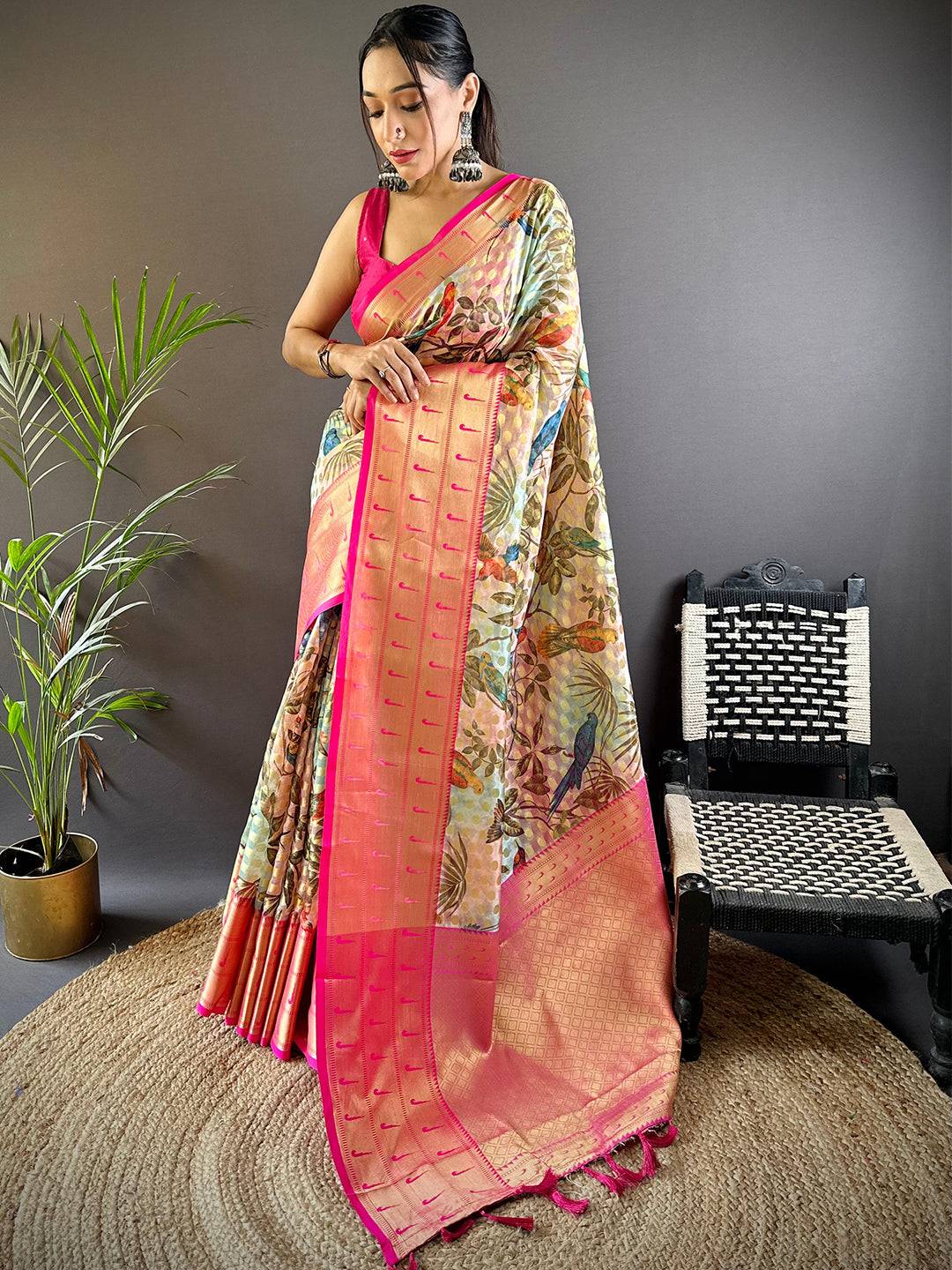 Tan Floral Paithani Kora Silk Saree