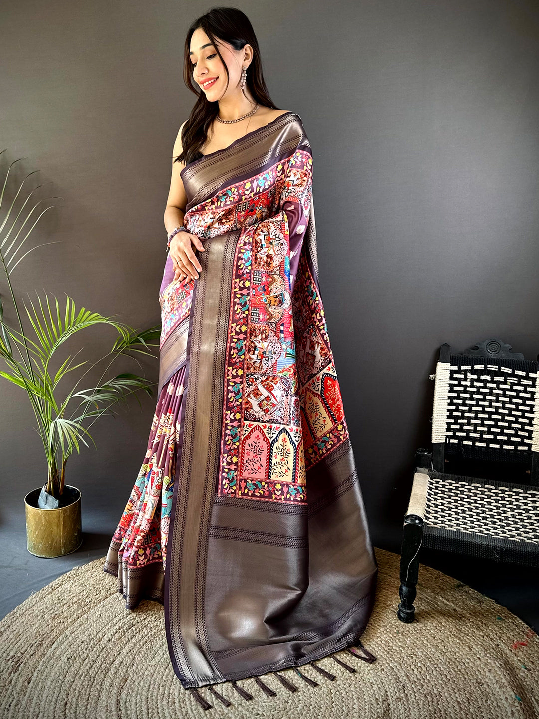 Wine Mughal Kalamkari Print Pashmina Saree