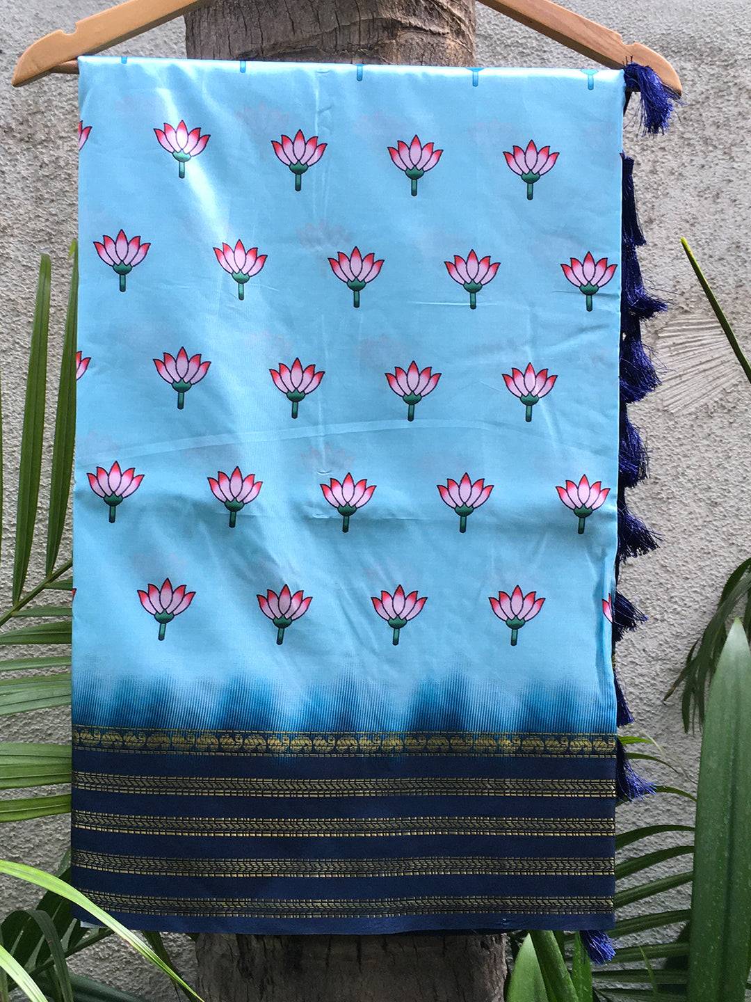 Dark Blue 2 Ton Lotus Print Saree