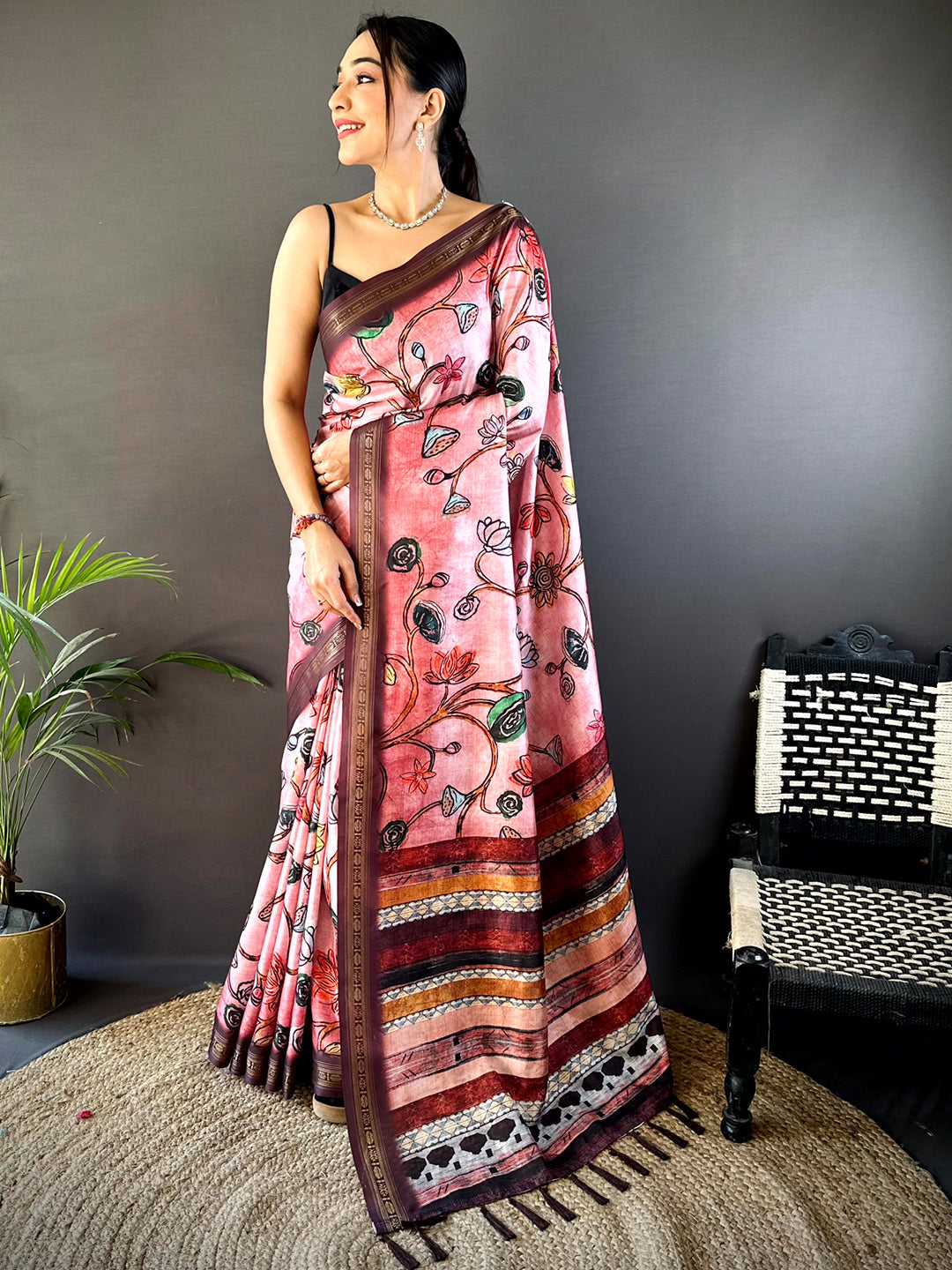 Pink Soft Silk Freehand Kalamkari Print Saree