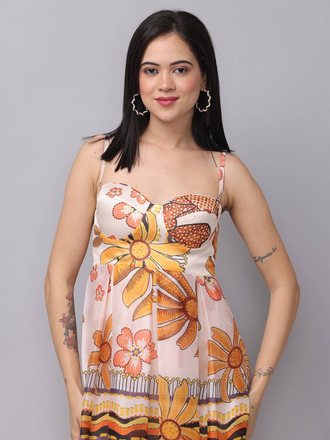 Off white chiffon print dress with floral design, close-up front