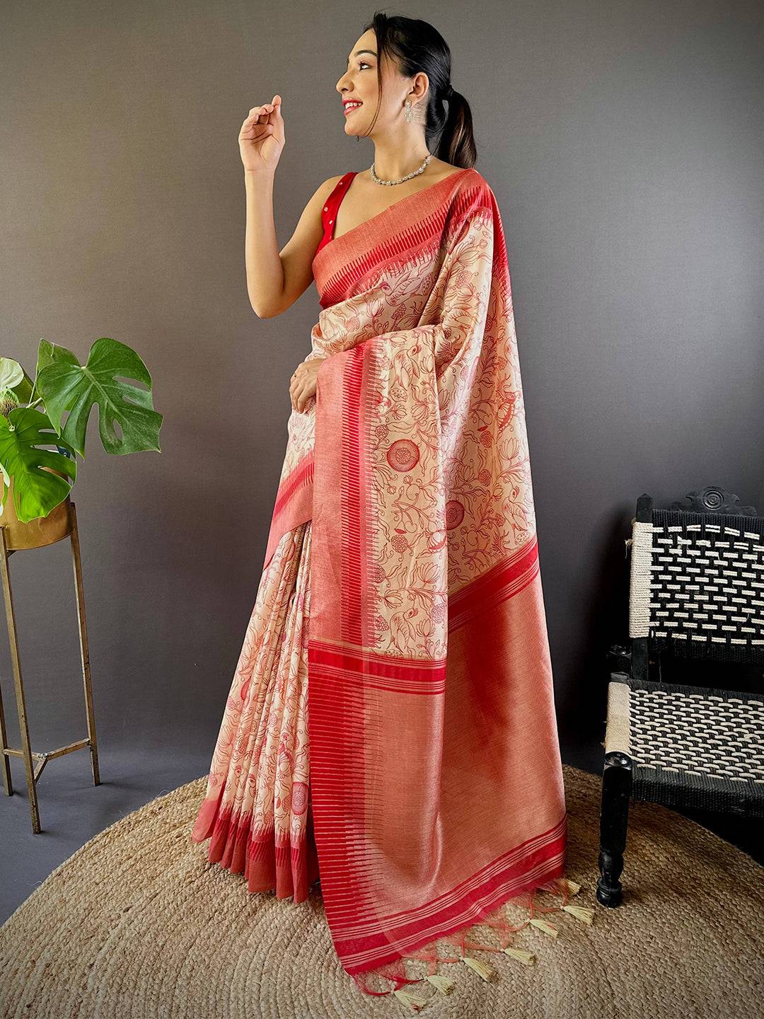 Red Floral Tussar Silk Saree