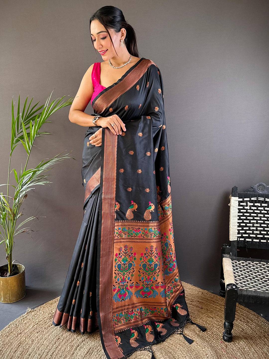 Copper Allure Soft Silk Black Saree