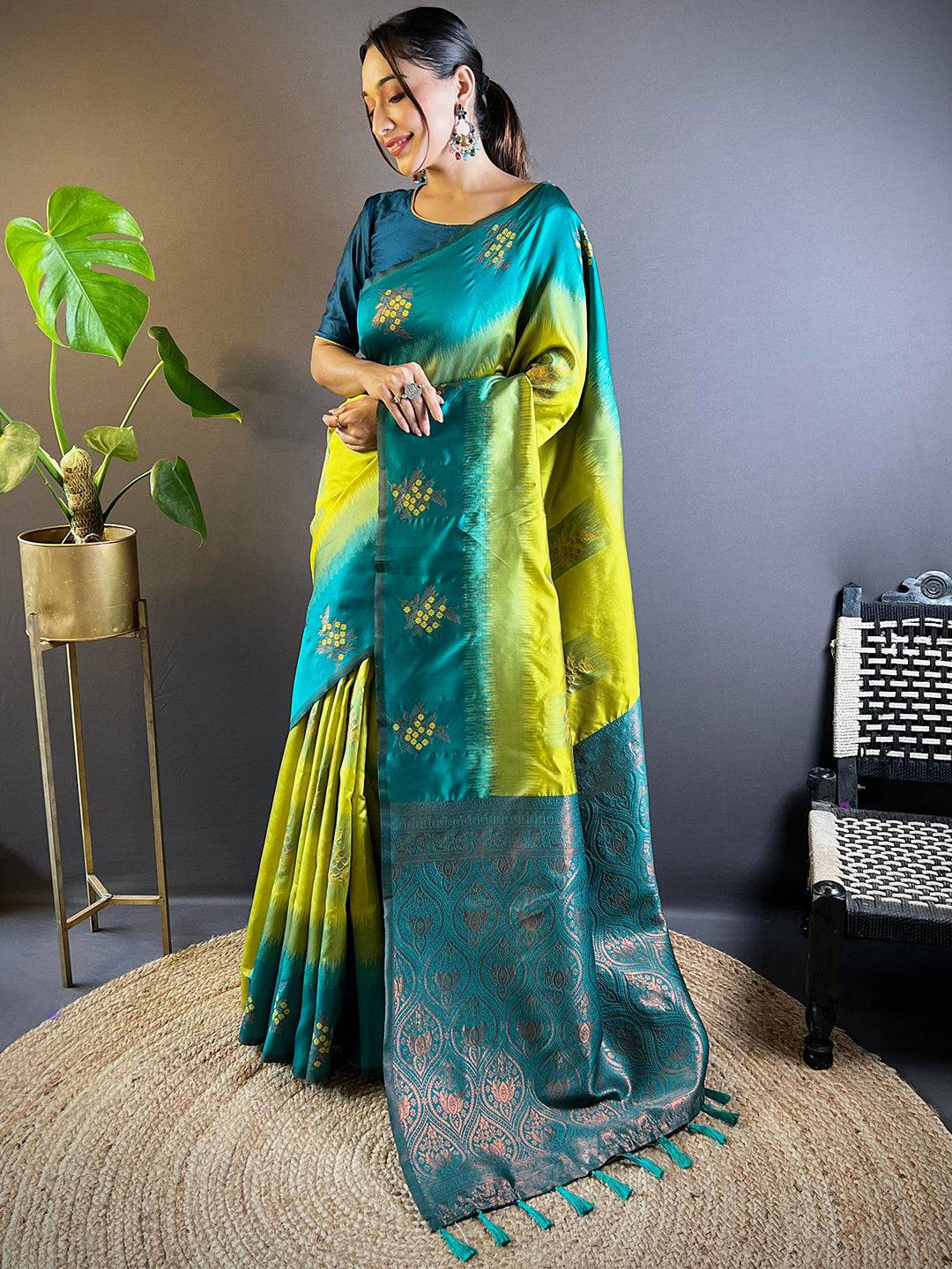 Model showcasing Lime Sami Banarasi Tussar Silk Saree