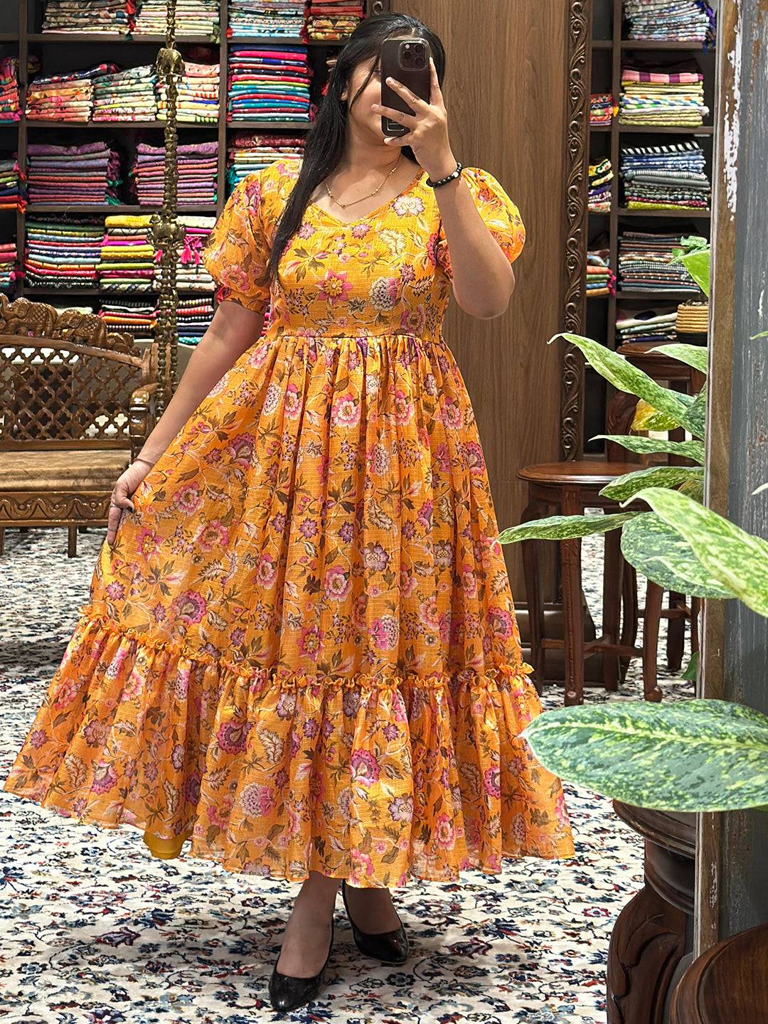 Stylish Sunset Yellow V Neck Midi Dress with puff sleeves