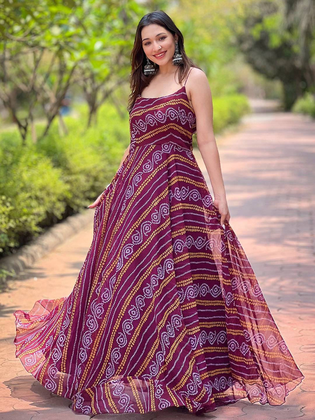 Wine Bandhej Printed Dress