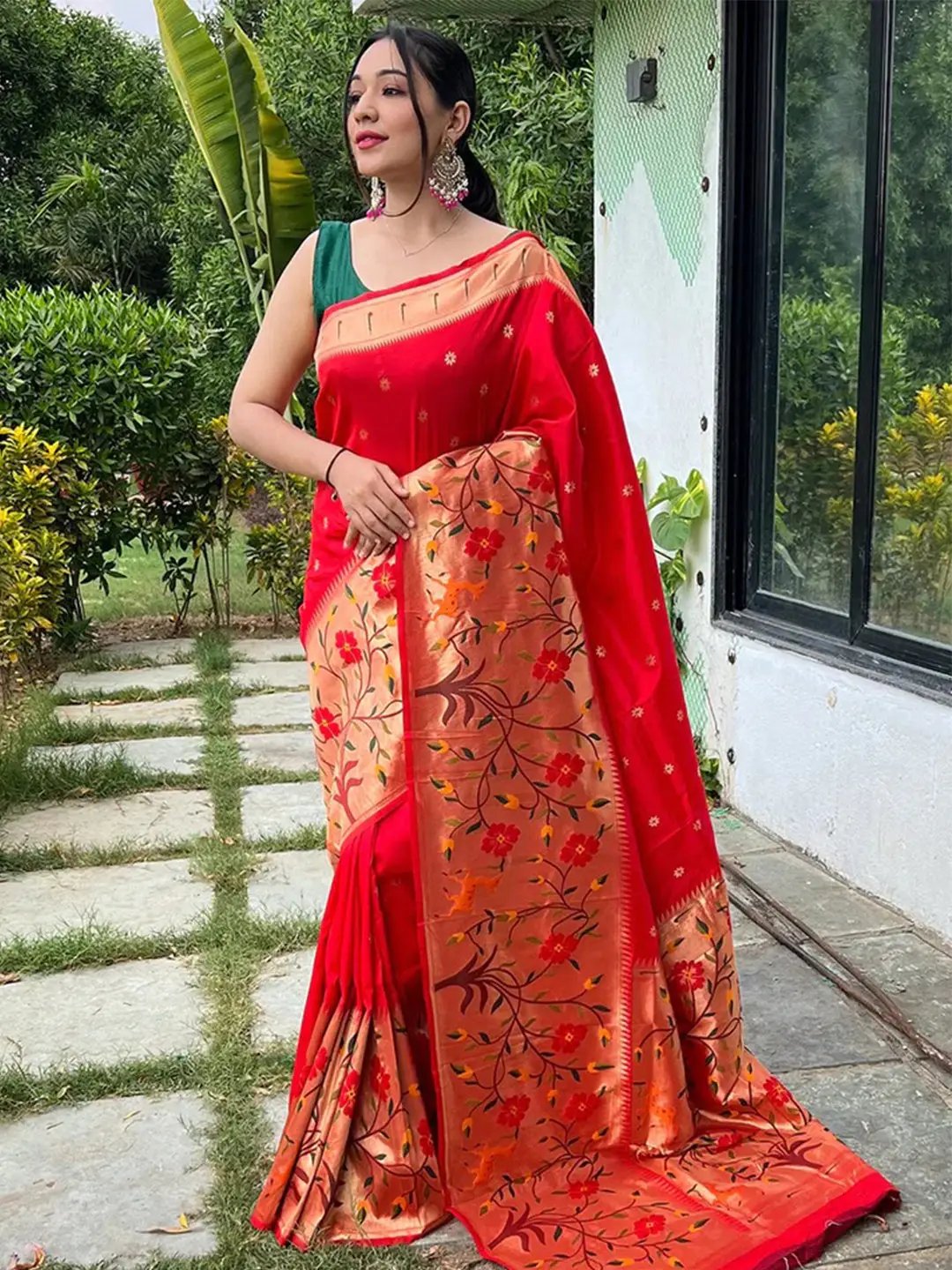 Elegant red Paithani saree with big border and floral design