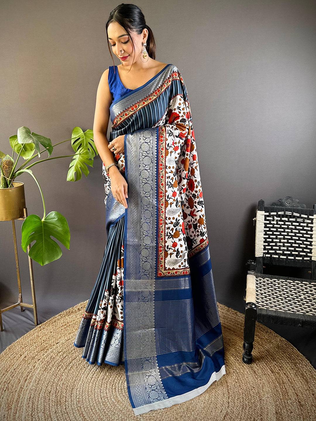 Blue Floral Peacock Fusion Saree