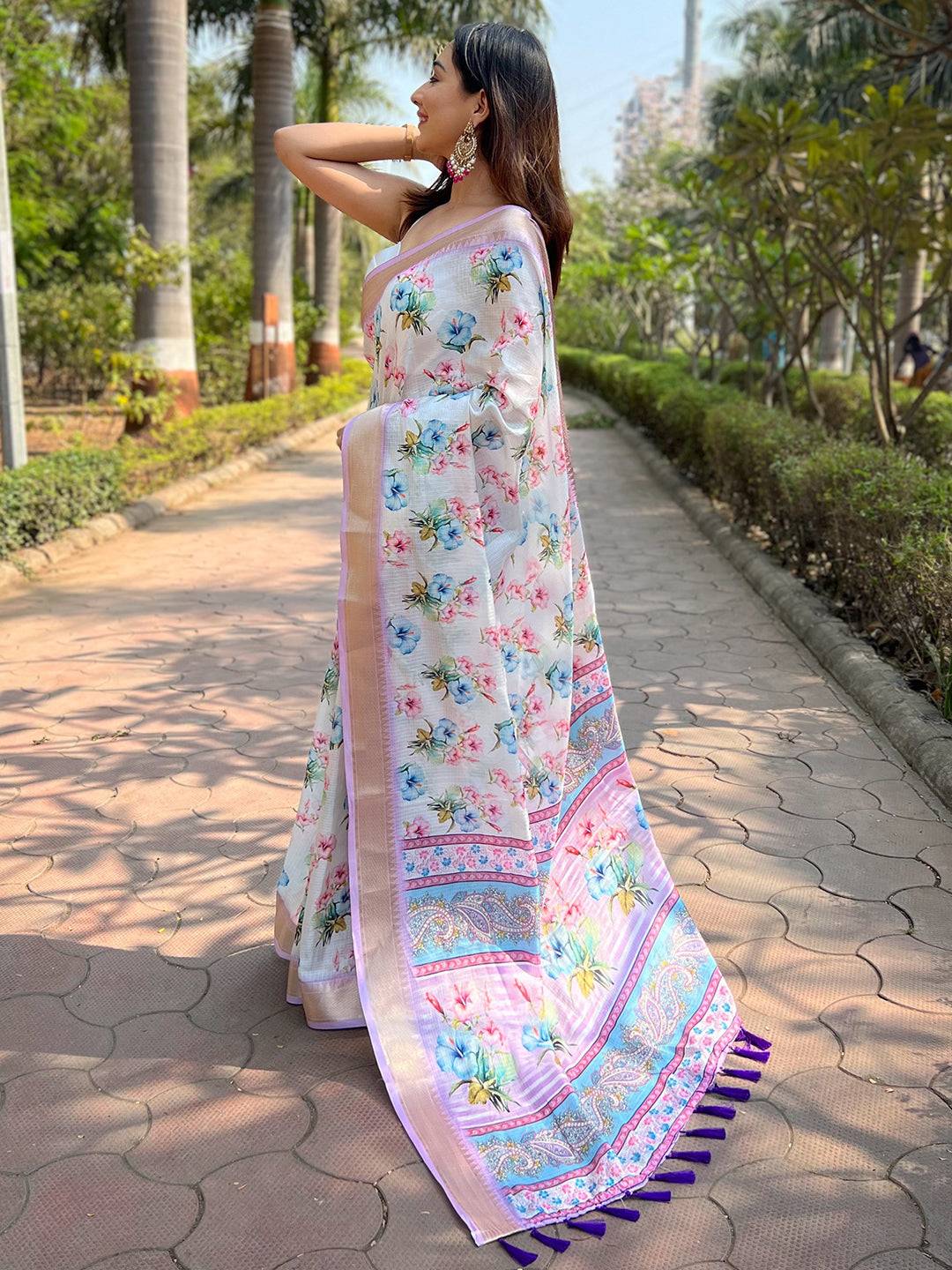 Lavender Kota With Digital Floral Printed Saree