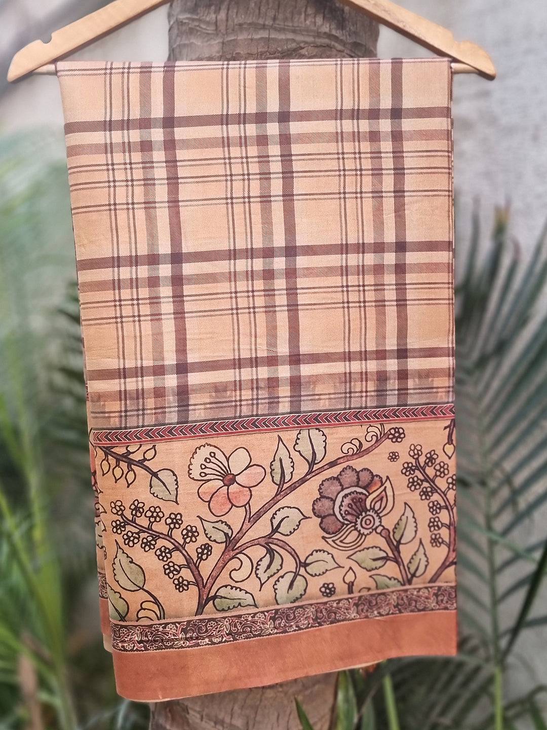 Stylish Tussar Silk Saree With Flower Kalamkari & Chex Motifs