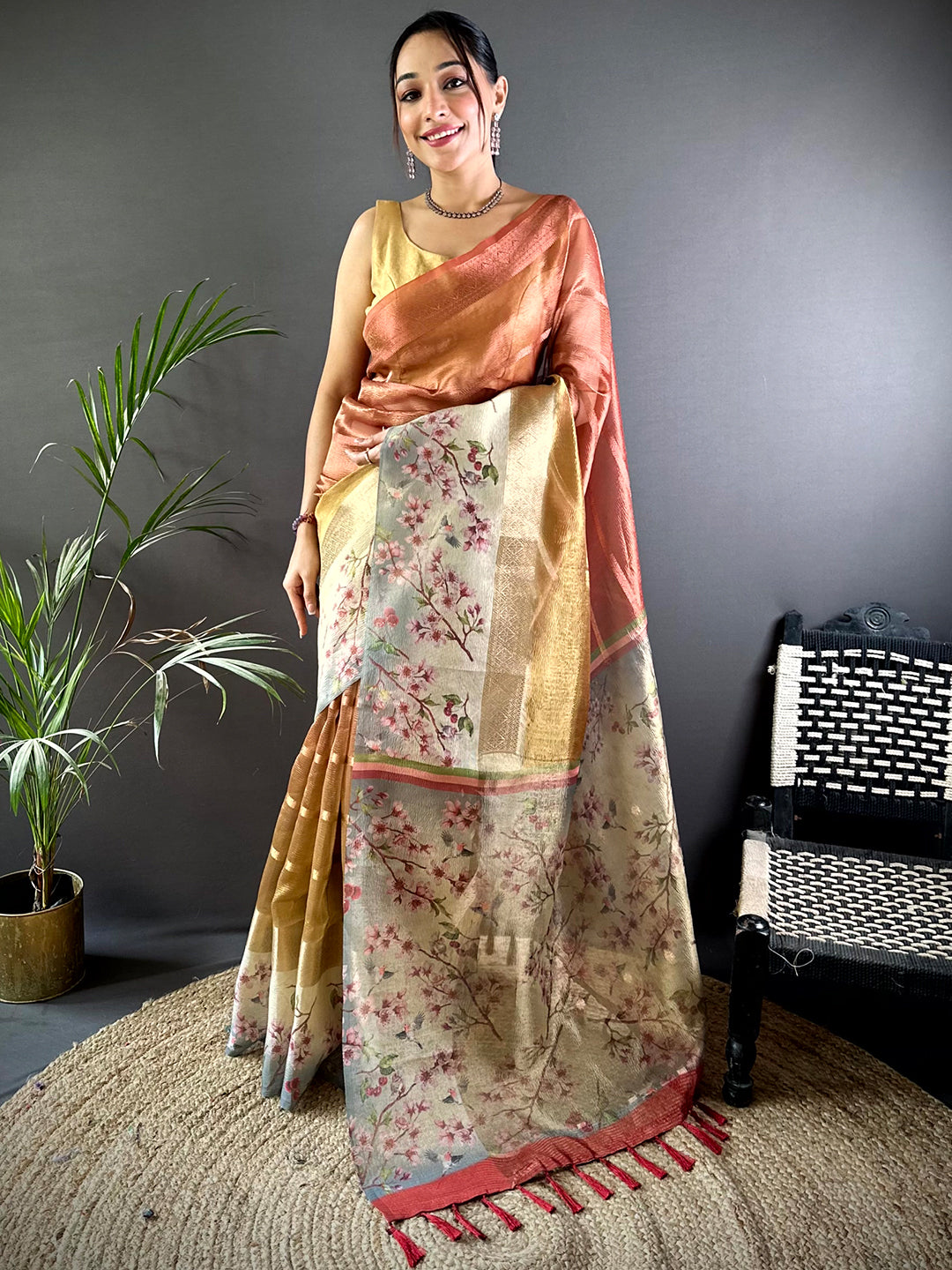 Red Ombre Zari Tissue Digital Print Saree