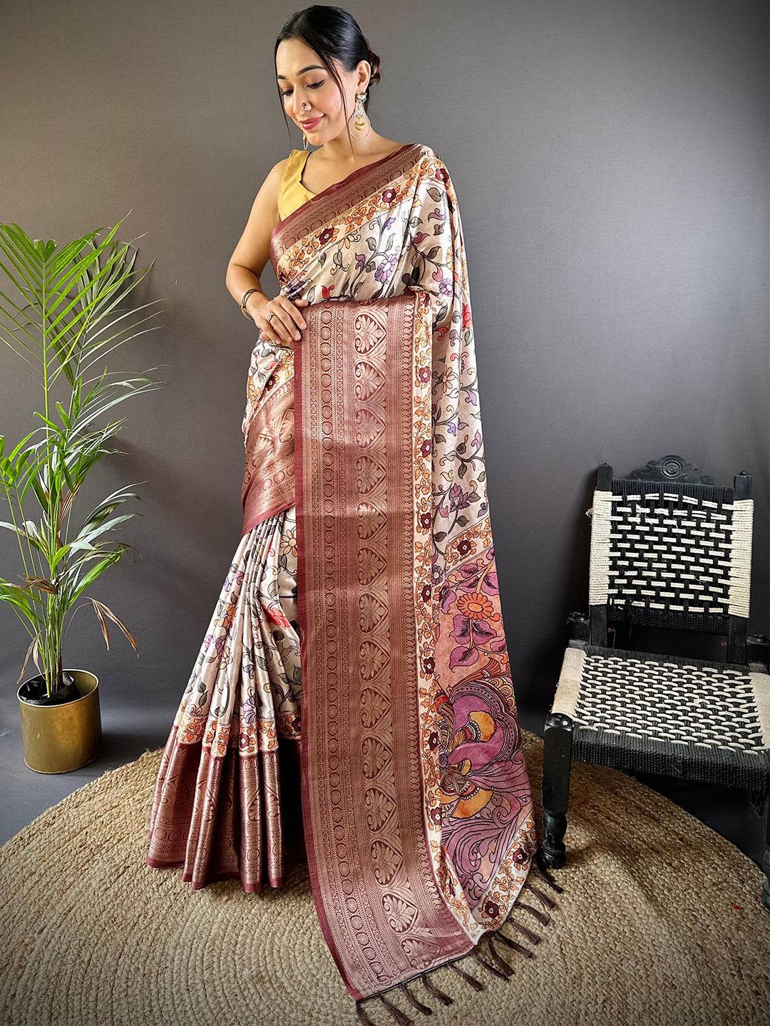 Beige Floral Kalamkari Print Saree