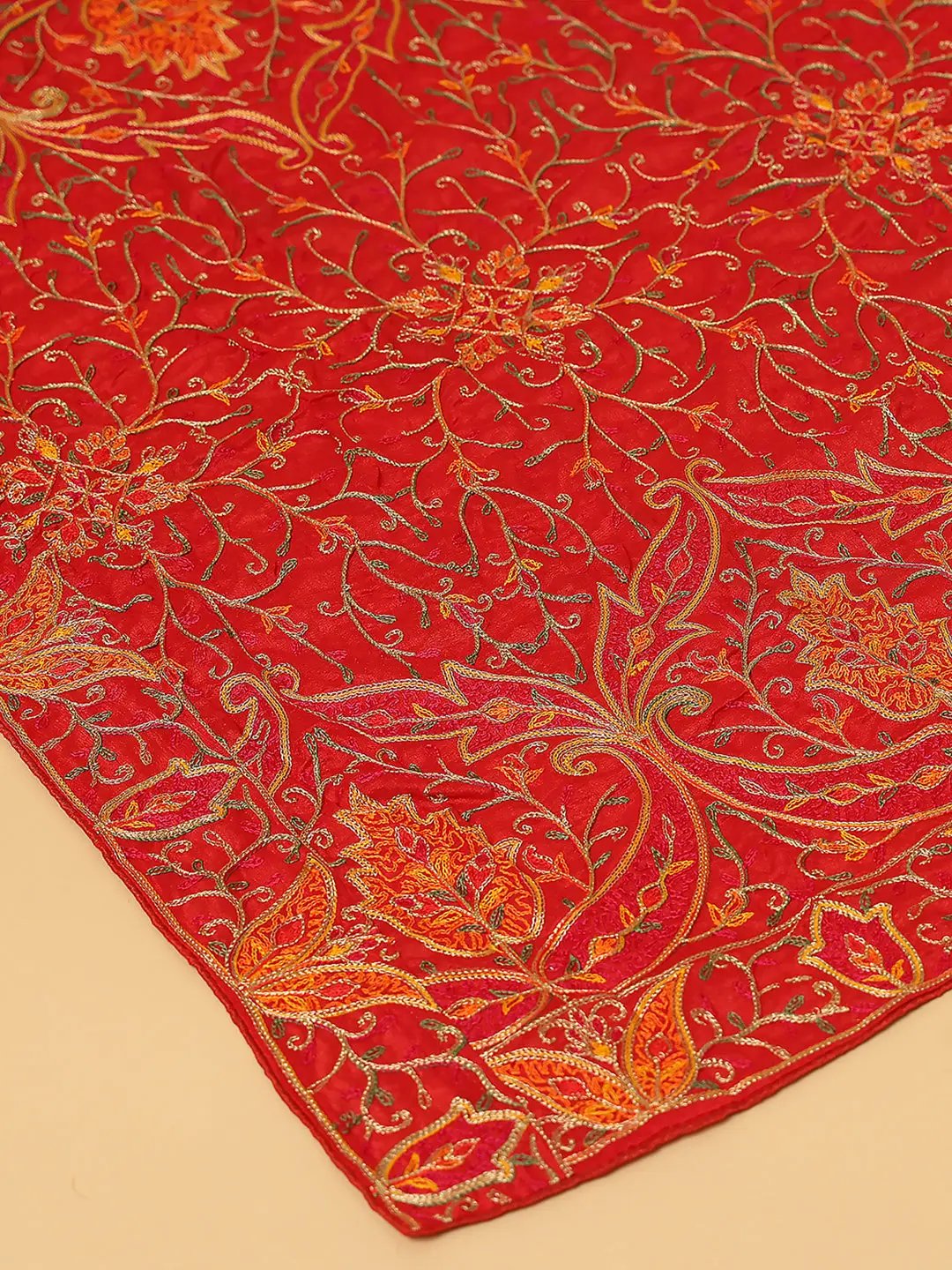 Close-up of Red Poly Chiffon Pashmina Dupatta embroidery