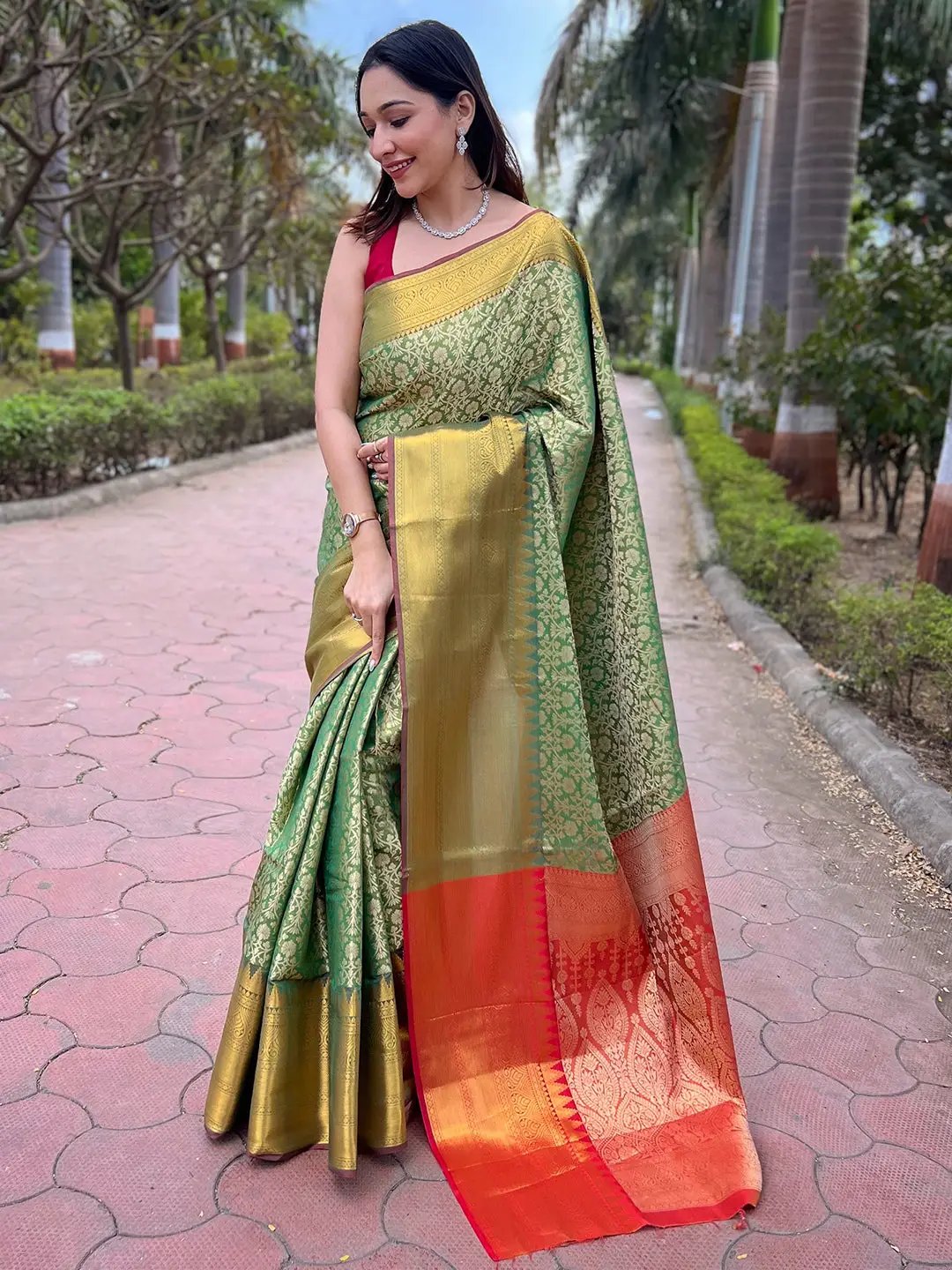 Pista Colour Tissue Saree with Gold Jacquard Woven Work