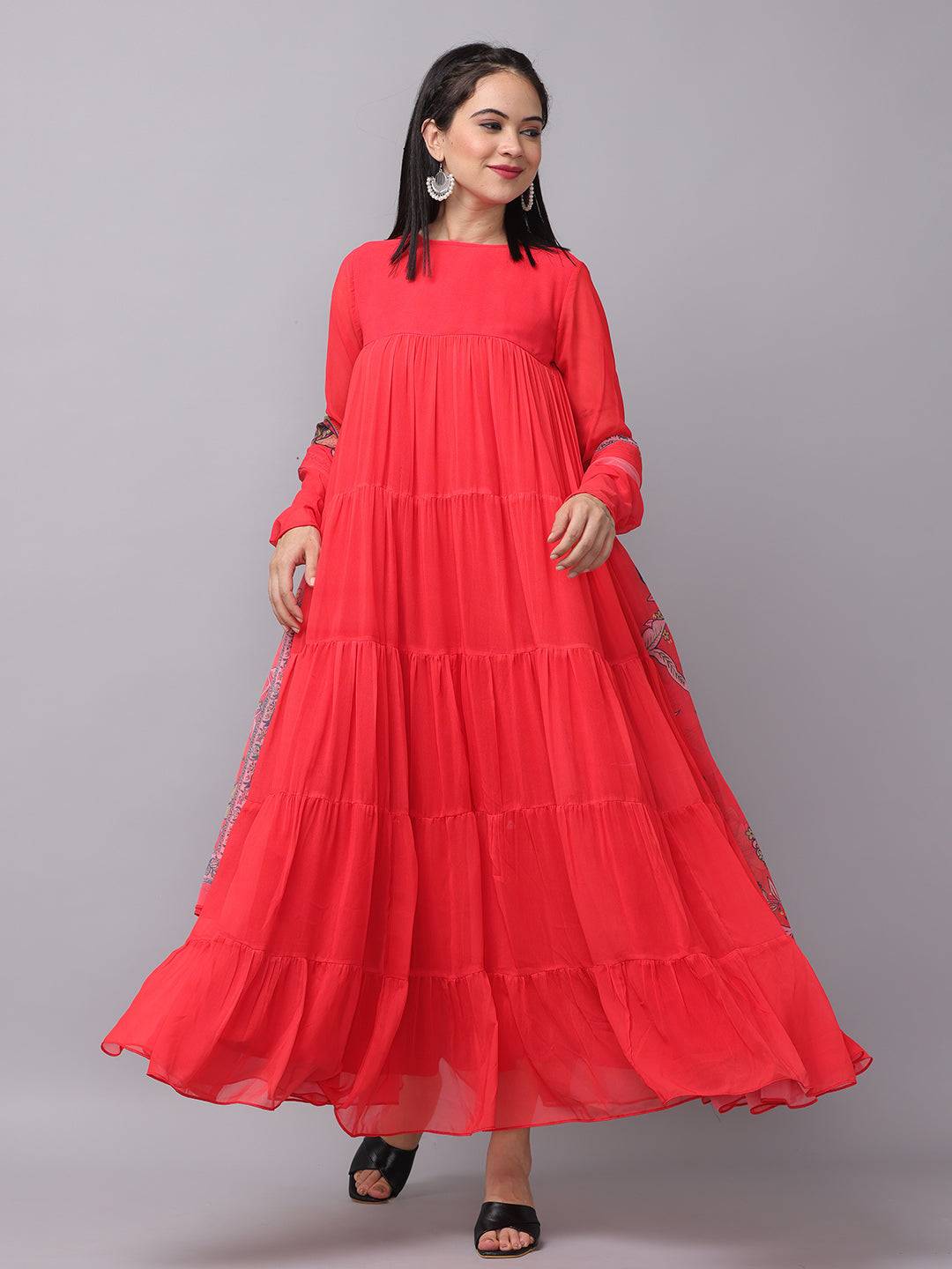 Fiery Red Churidar Sleeves Dress