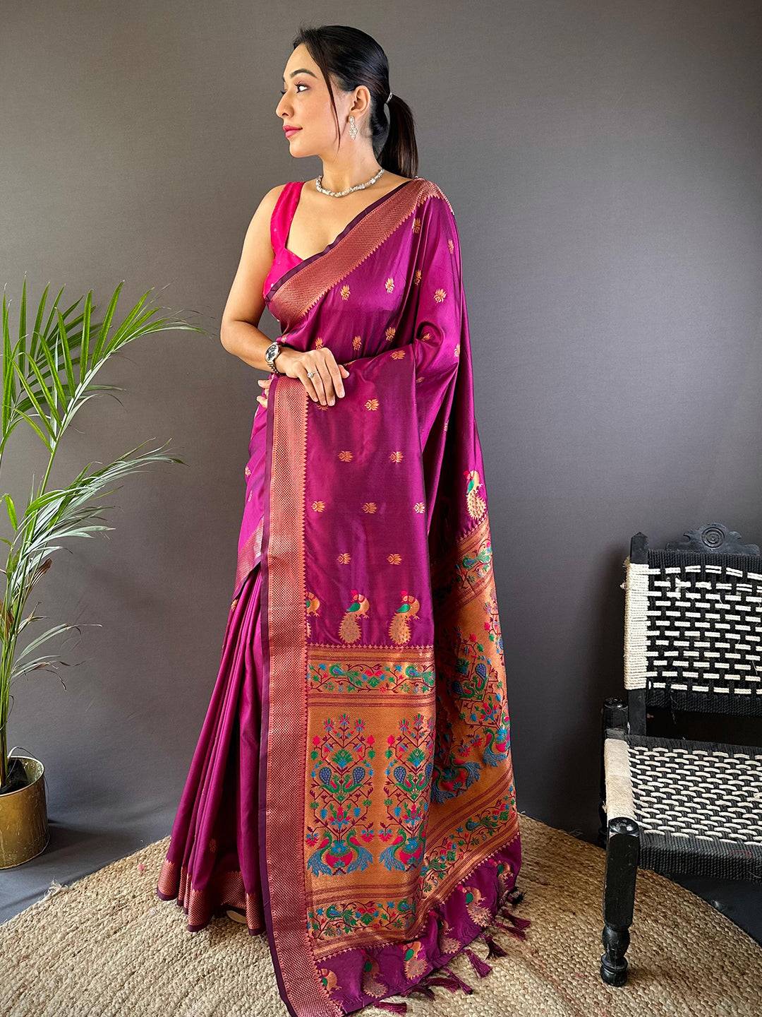 Copper Allure Soft Silk Wine Saree