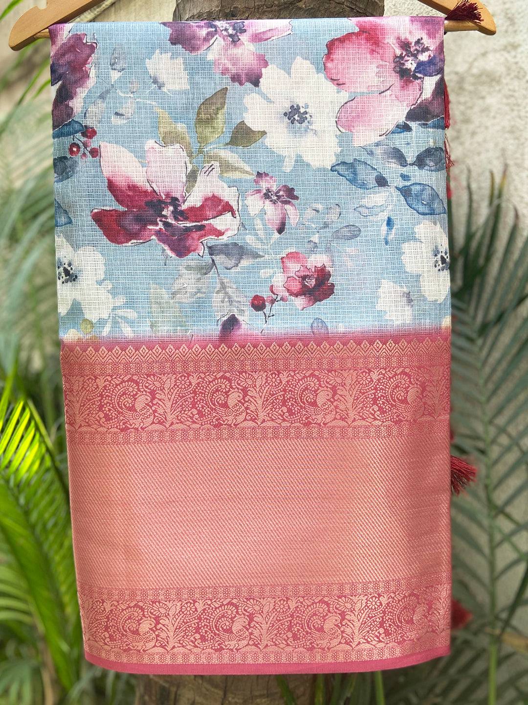 Sky Blue Kota Doriya Saree With Kanjivaram Gold Zari Border