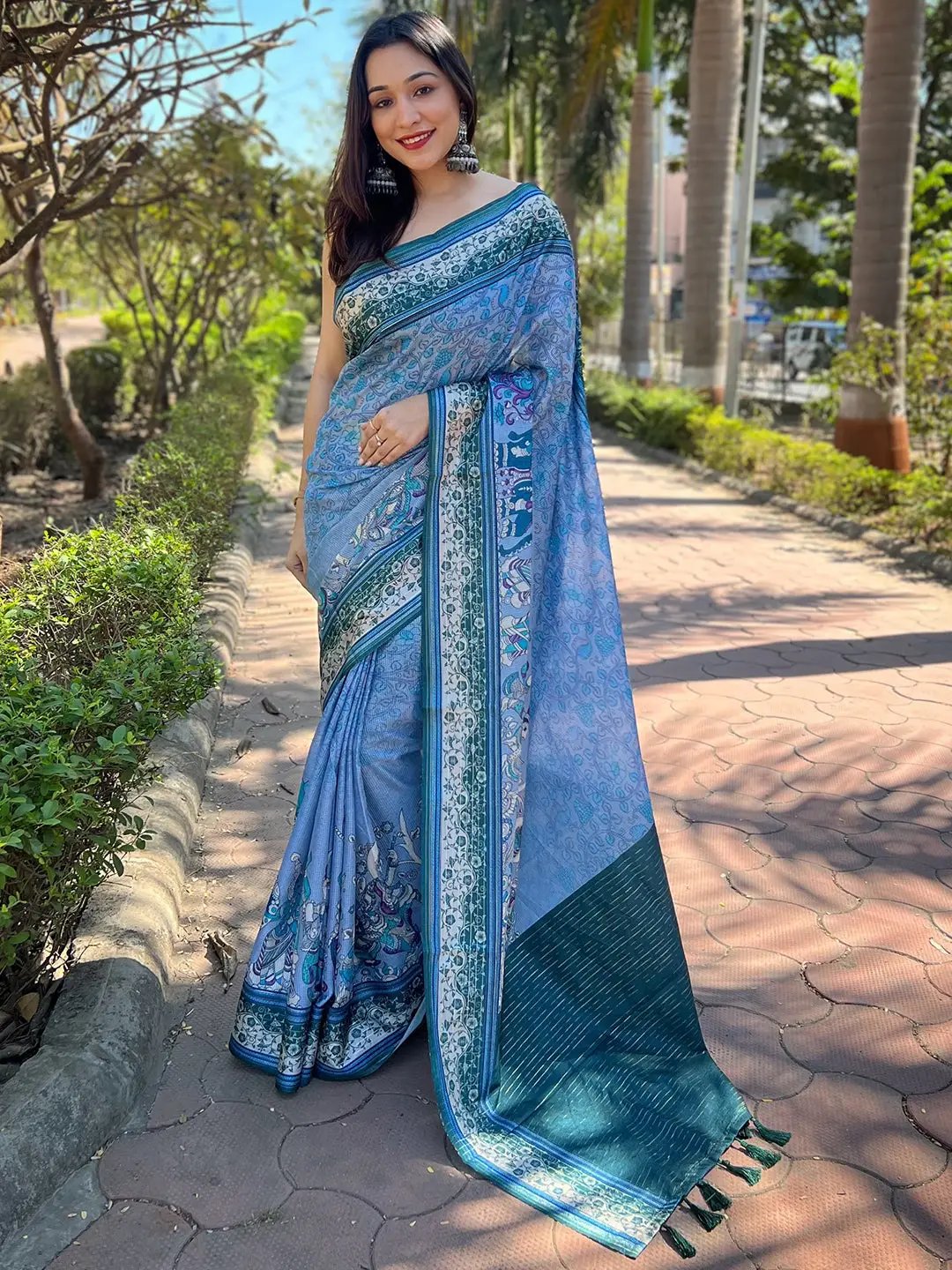 Blue Satin Kota Doria Saree with Kalamkari Print