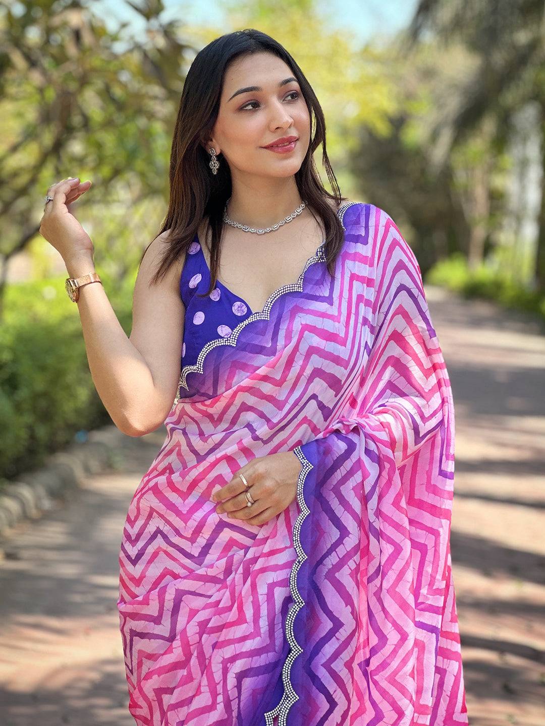 Trendy Leheriya And Striped Print Saree