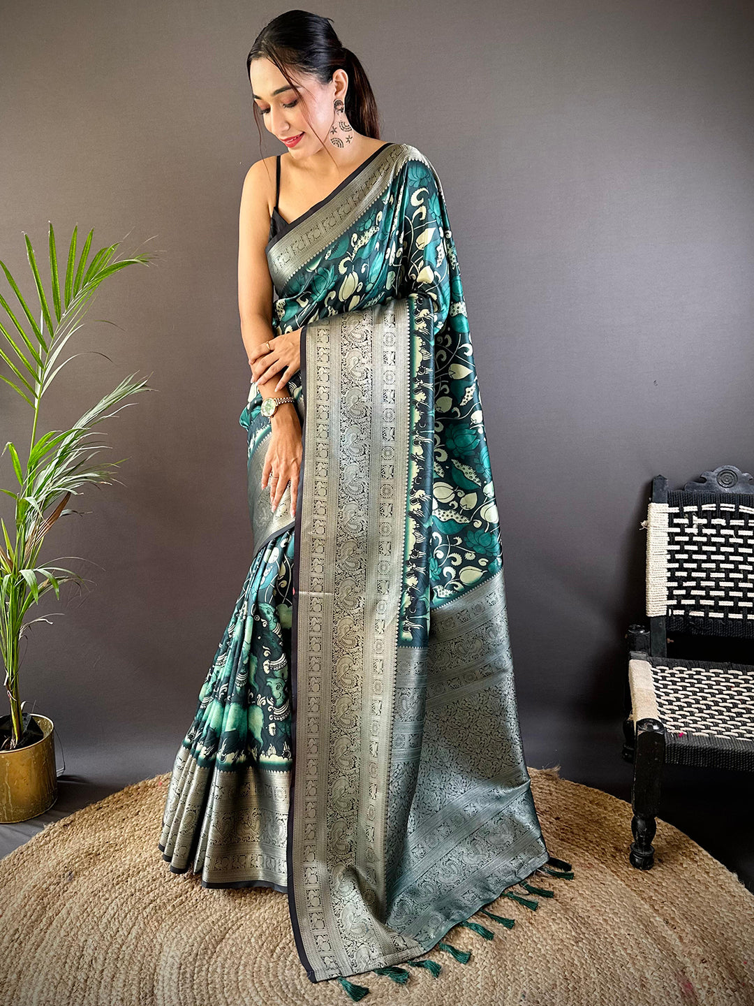 Ocean Teal Soft Silk Kalamkari Saree