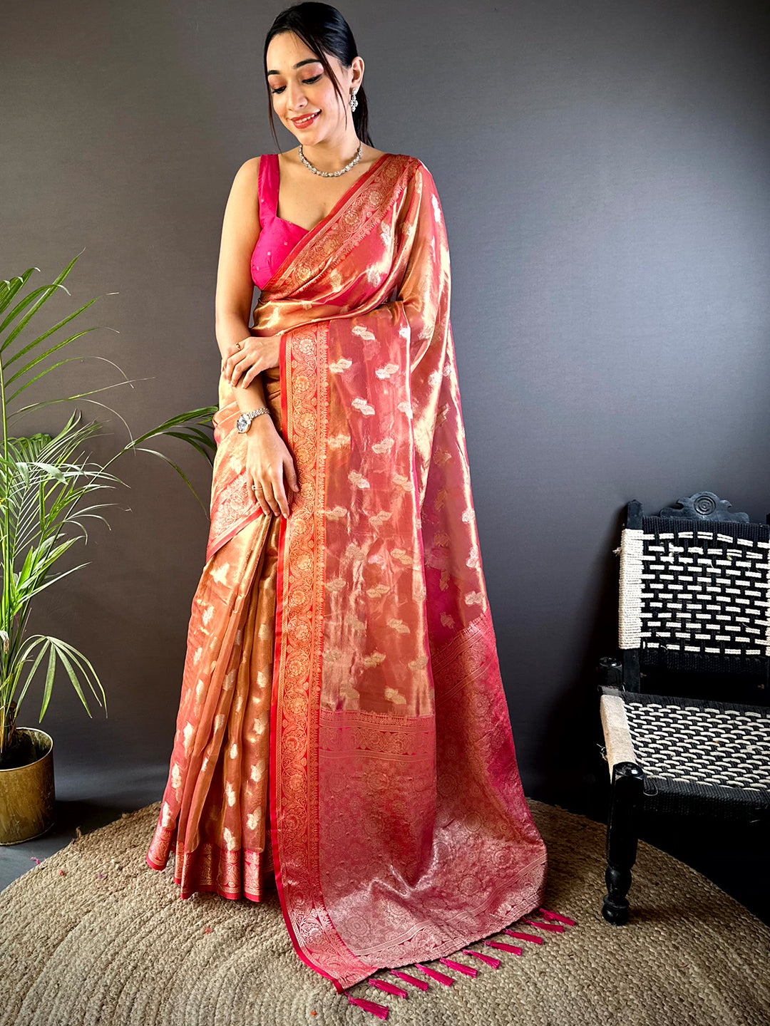 Radiant Red Kora Tissue Saree