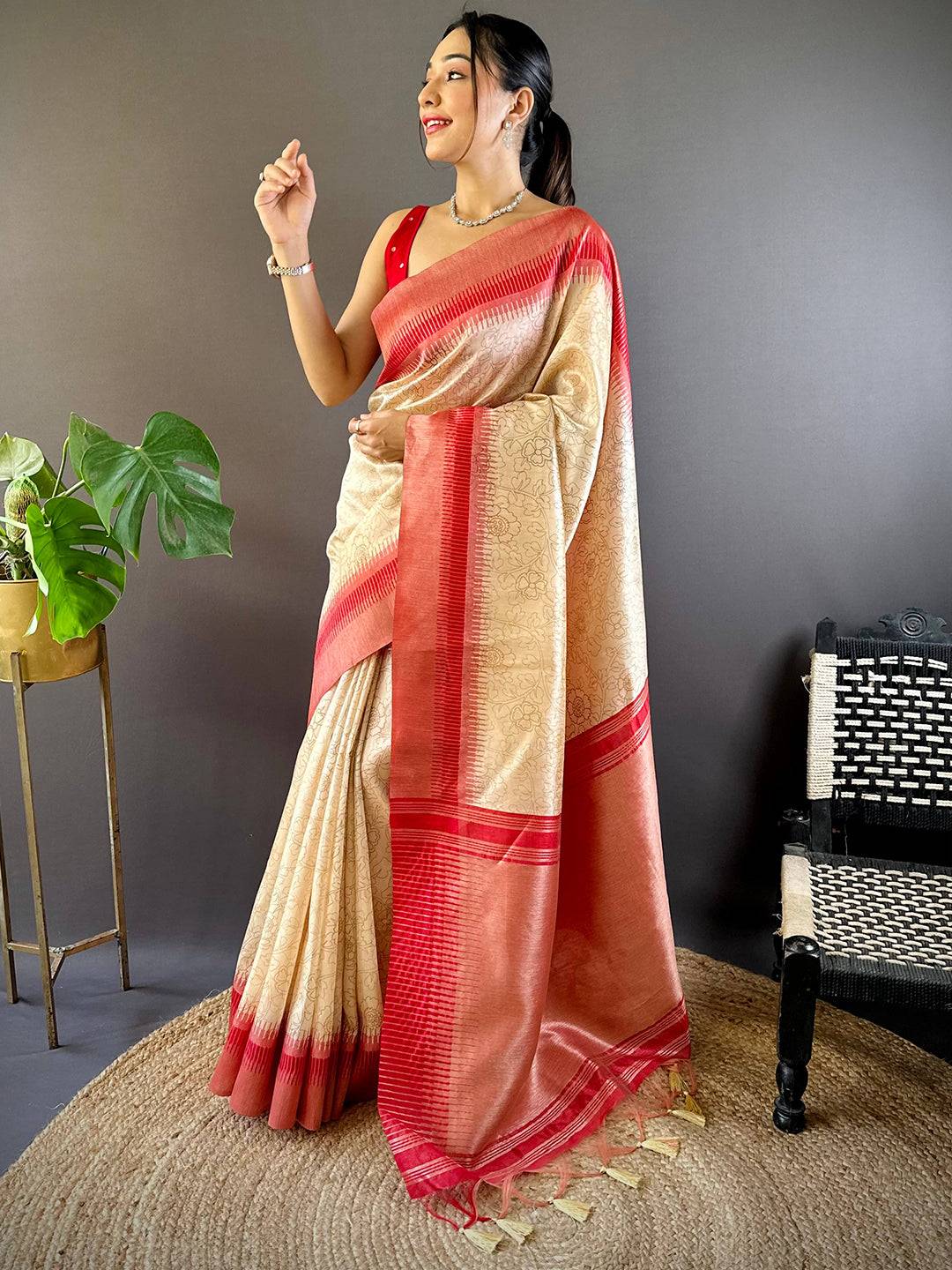 Beige Floral Tussar Silk Saree