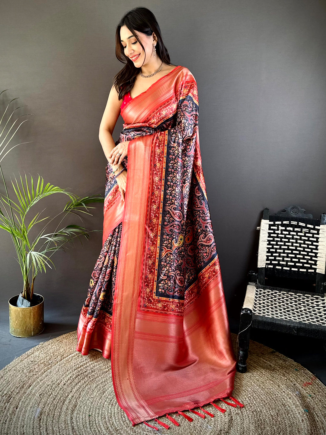 Black Mughal Kalamkari Print Pashmina Saree
