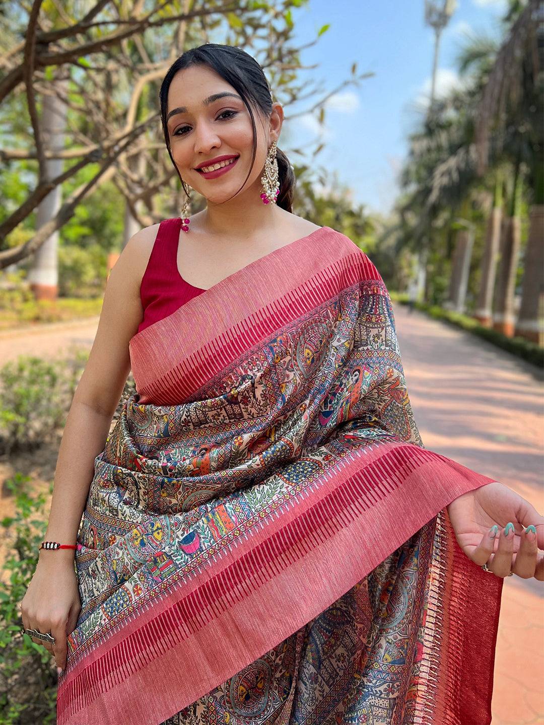 Smiling woman in Madhubani Kalamkari Block Print Saree