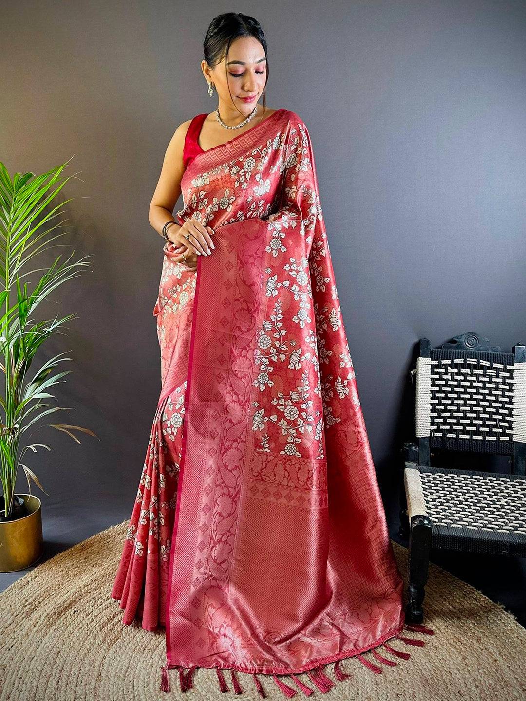 Rose Red Digital Print Silk Saree