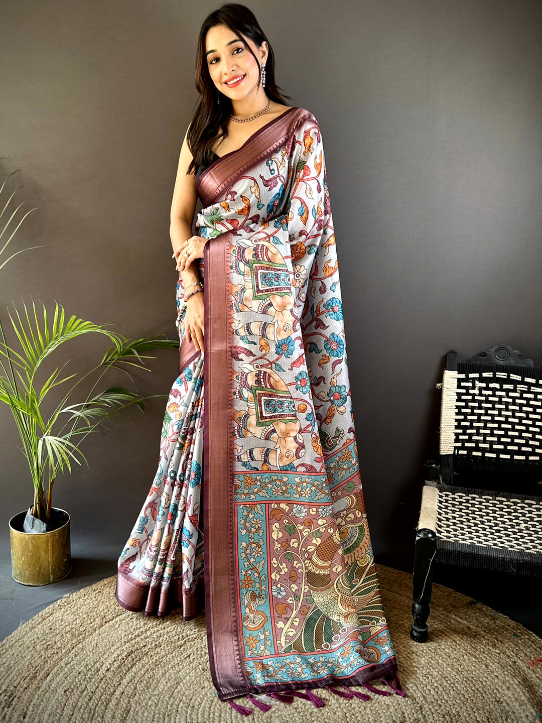 Grey Kota Doriya Floral Kalamkari Print Saree