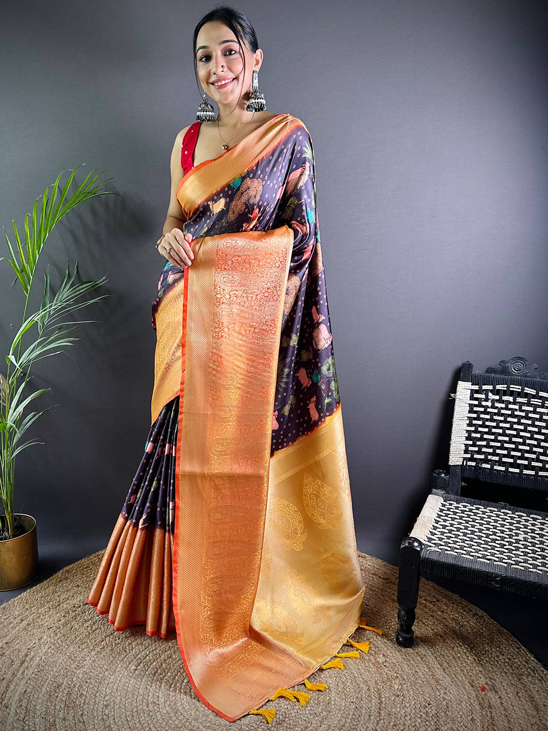 Wine Satin Pichwai Print Saree