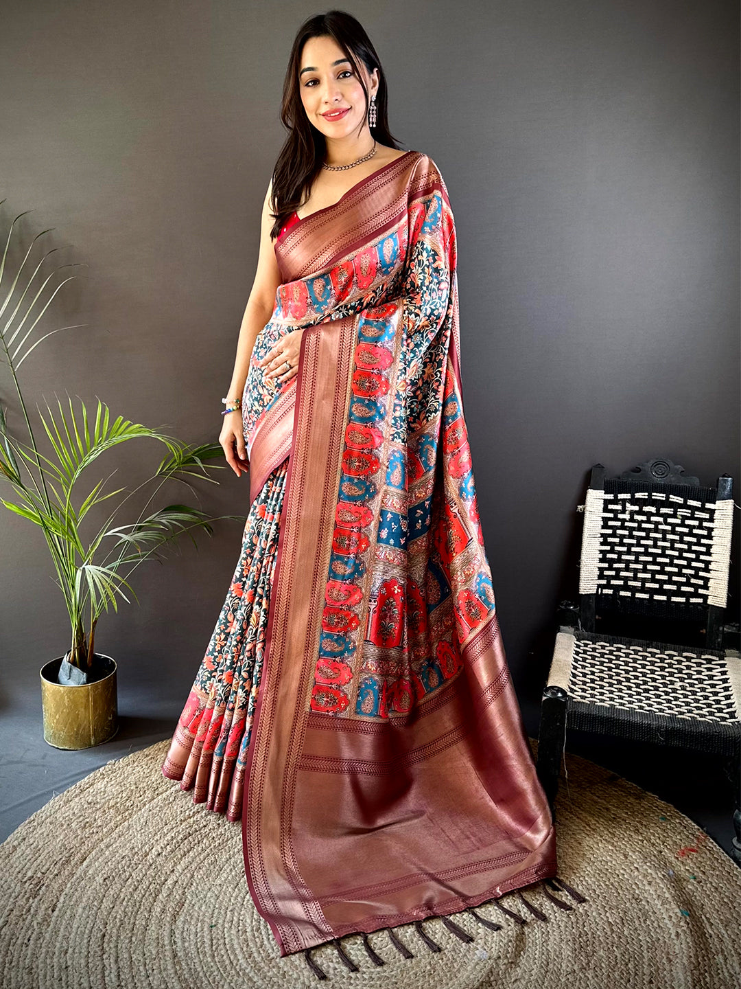 Brown Mughal Kalamkari Print Pashmina Saree