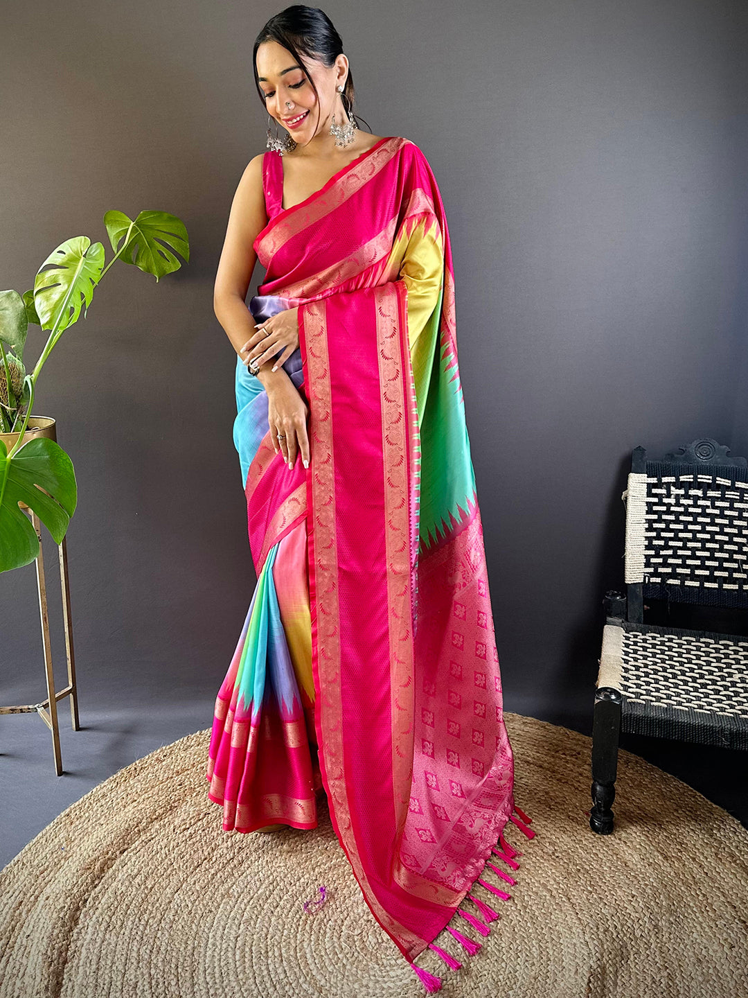 Vibrant Rainbow Ikkat Silk Saree