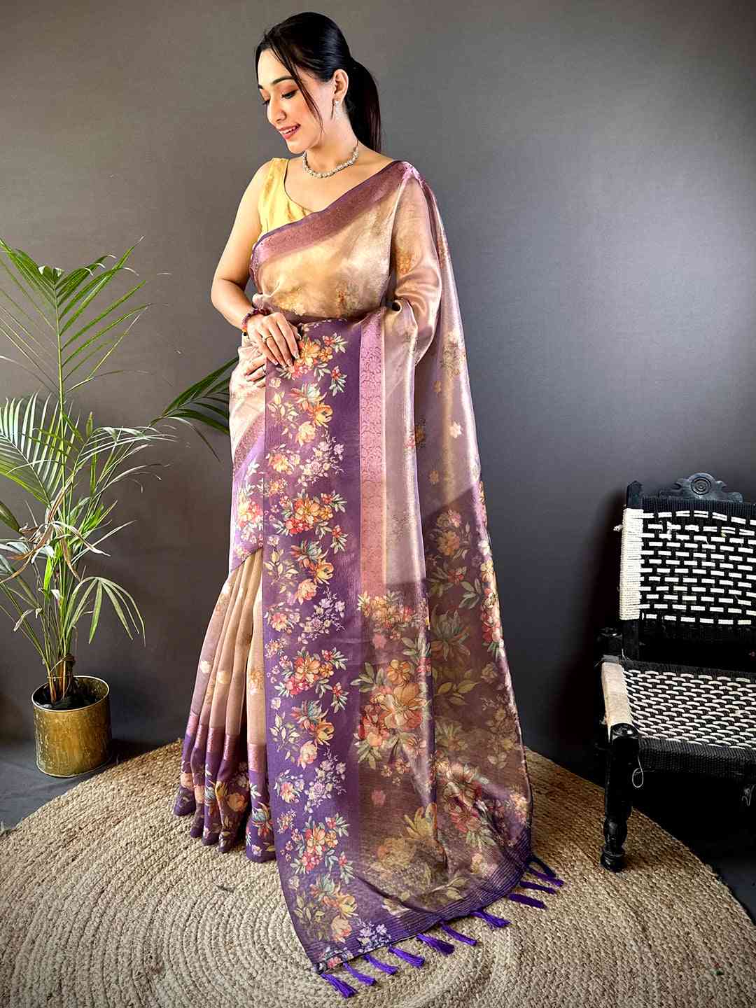 Wine Tissue Digital Floral Saree
