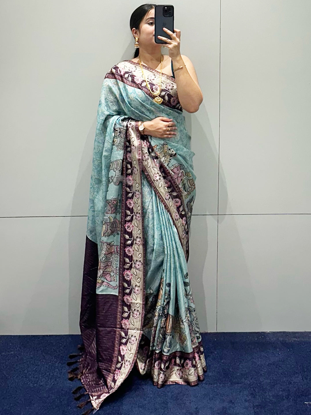 Turquoise Satin Kota Doria Saree with Kalamkari Design