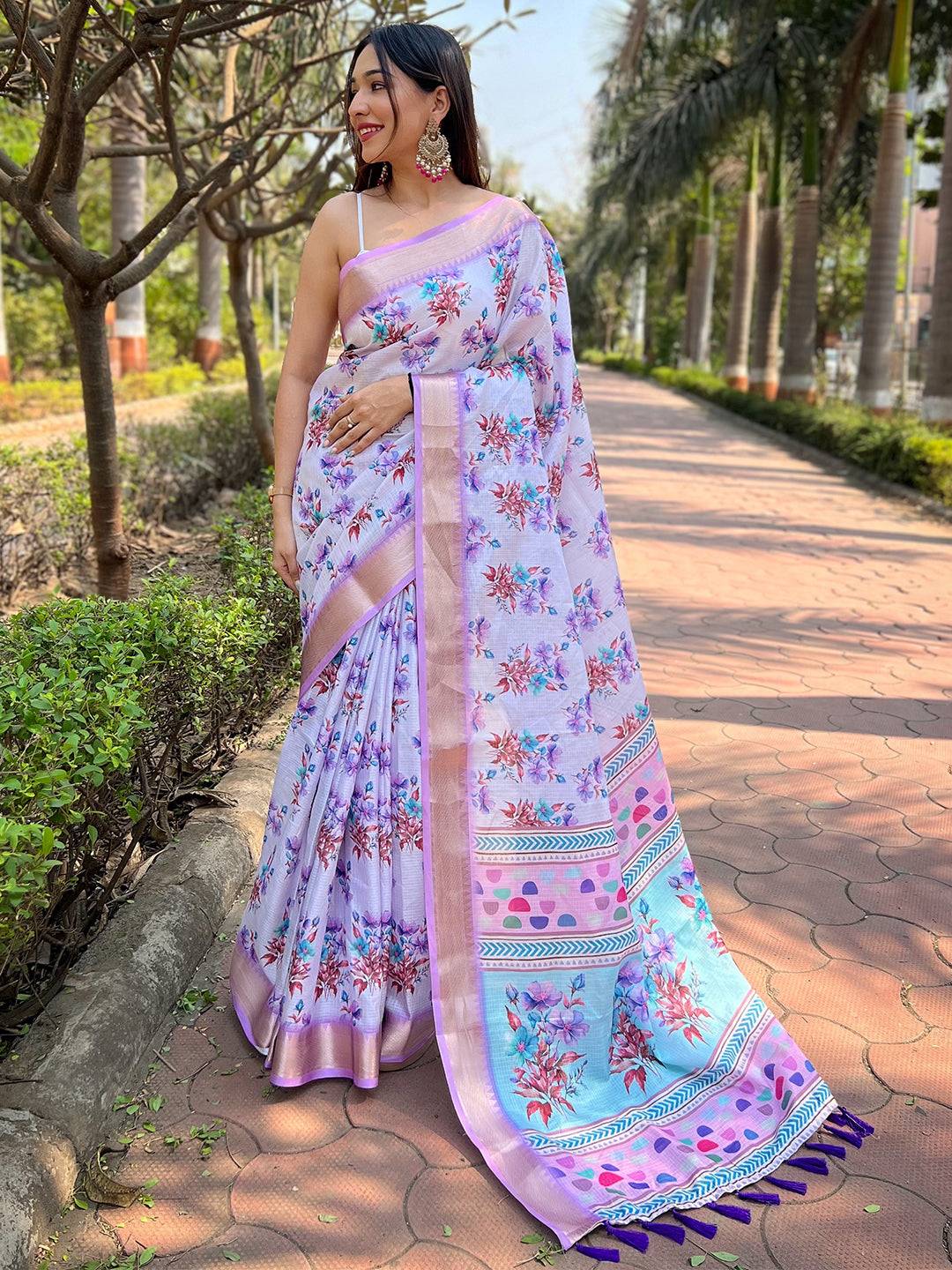 Light Purple Kota With Digital Floral Printed Saree 