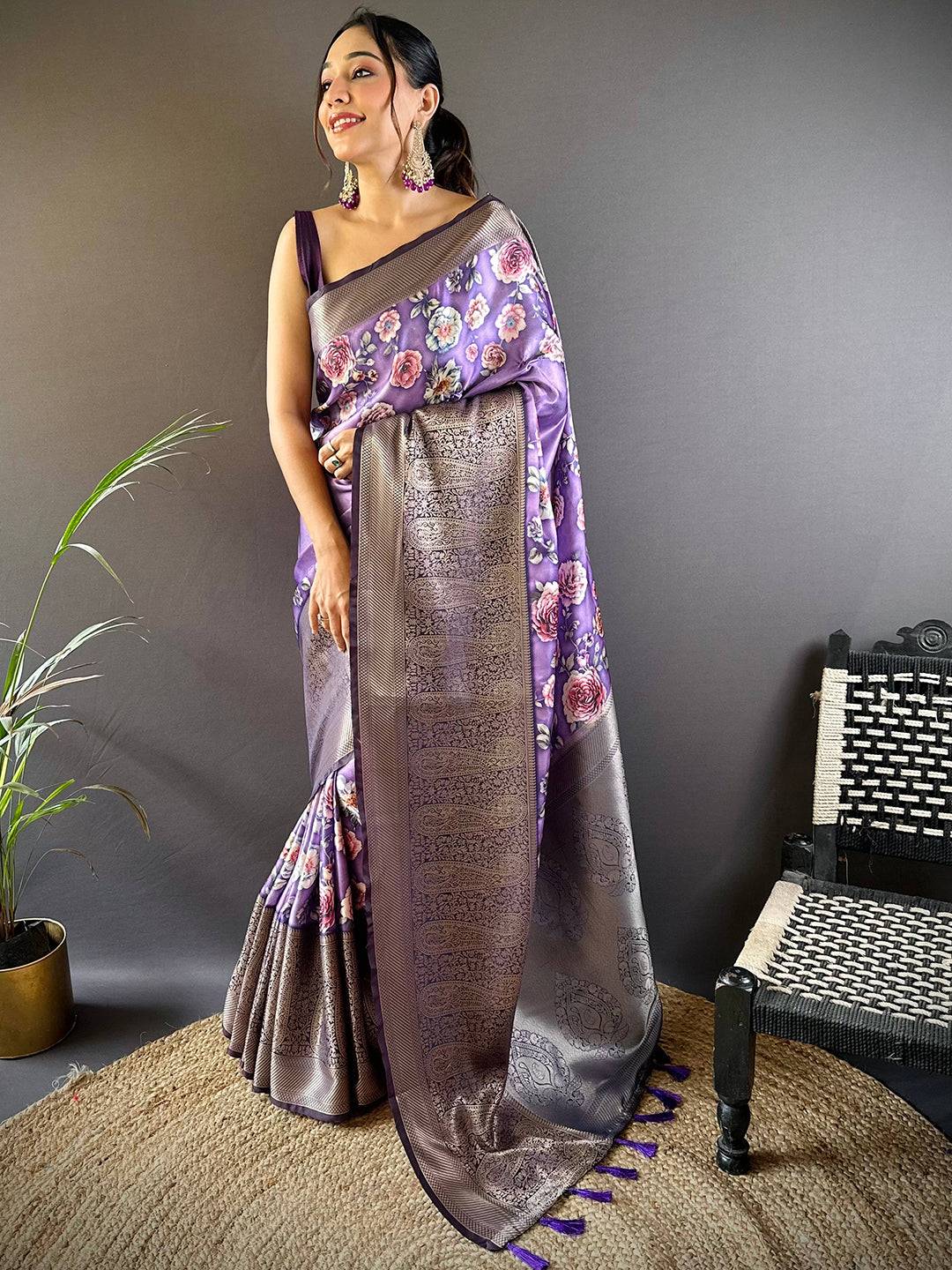 Iris Purple Satin Silk Floral Print Saree