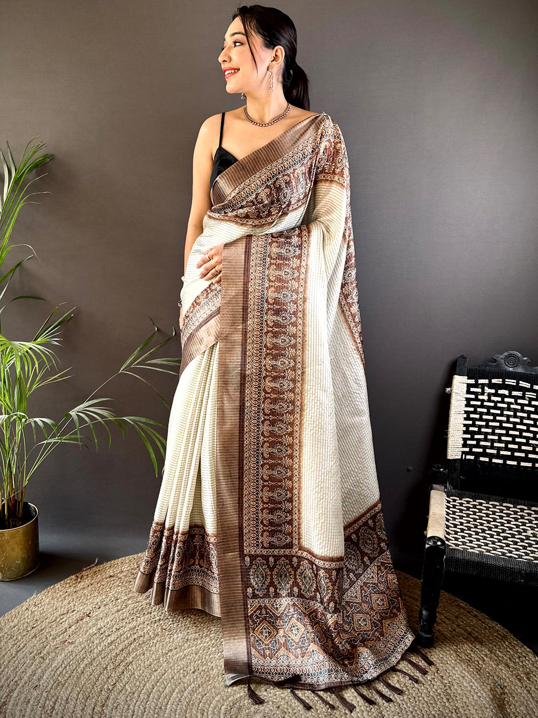 Brown Soft Silk Floral Digital Saree