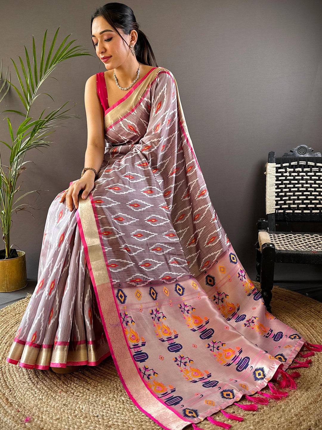 Light Mauve Ikkat Paithani Soft Silk Saree