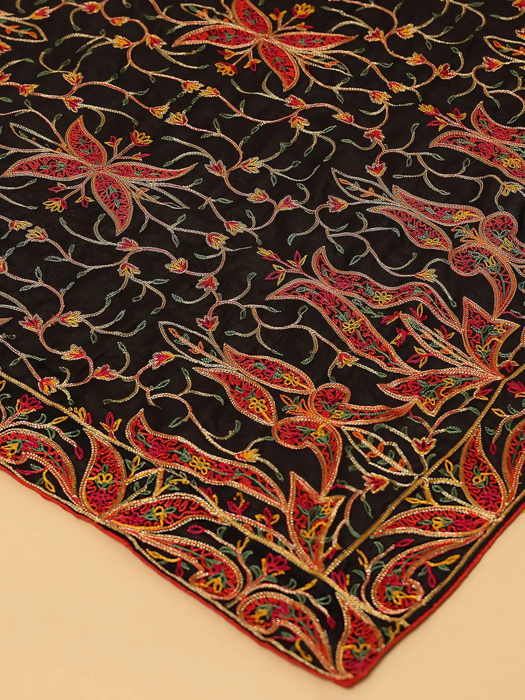 Close-up of intricate threadwork on Black Poly Chiffon Dupatta