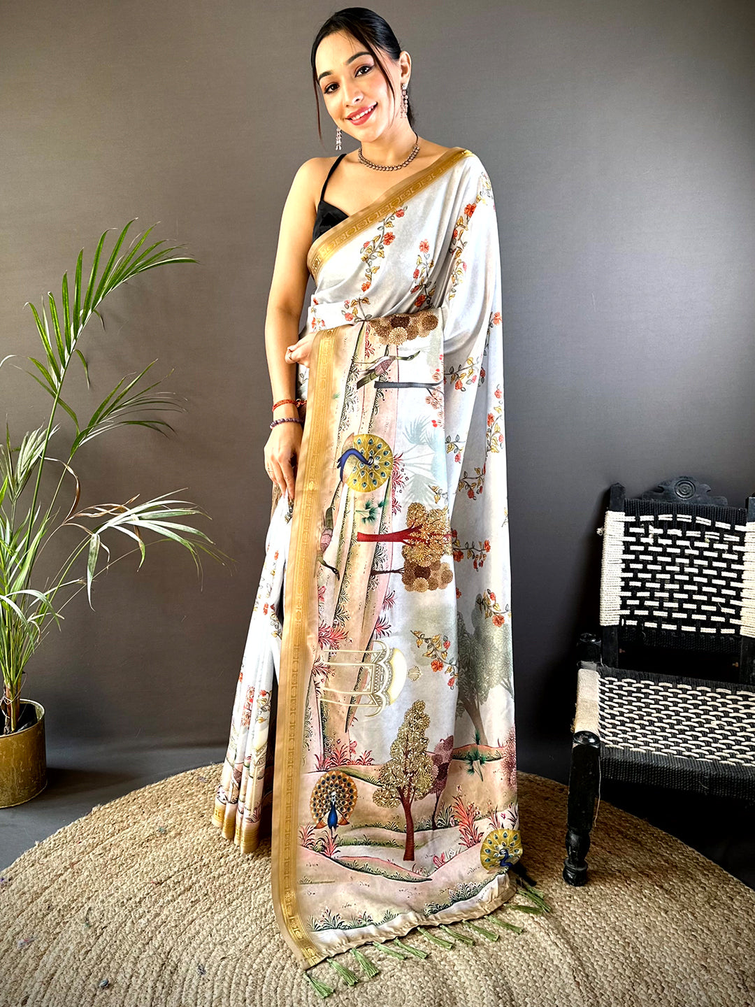 White Soft Silk Kalamkari Print Saree