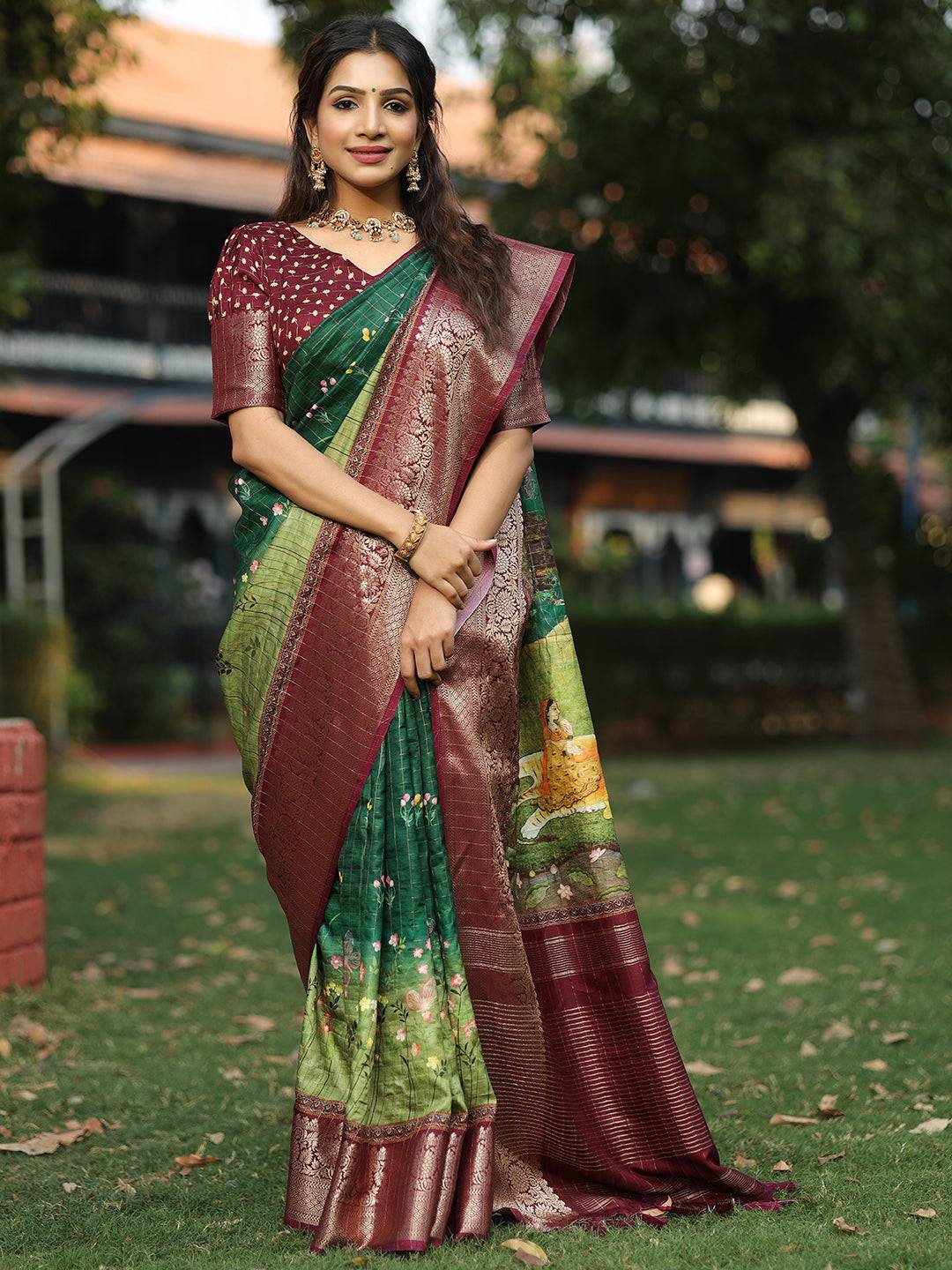 Bottle Green Pure Viscose Dola Silk Saree With Mughal Motifs