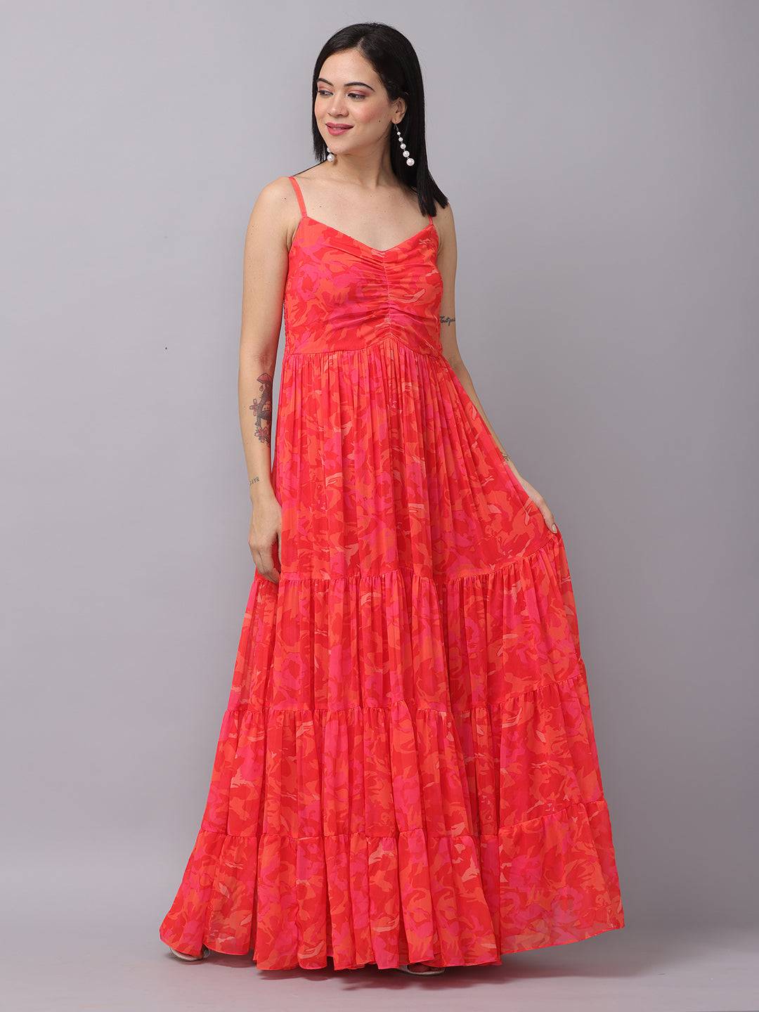 Radiant Red Floral Ruched Maxi